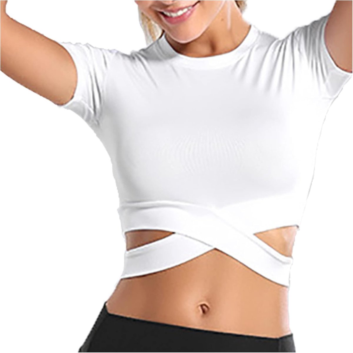 Sportbovenstuk voor dames, buikvrije top, korte mouwen, hardlopen, T-shirt, yoga, crop top met gekruiste zoom, wit, L