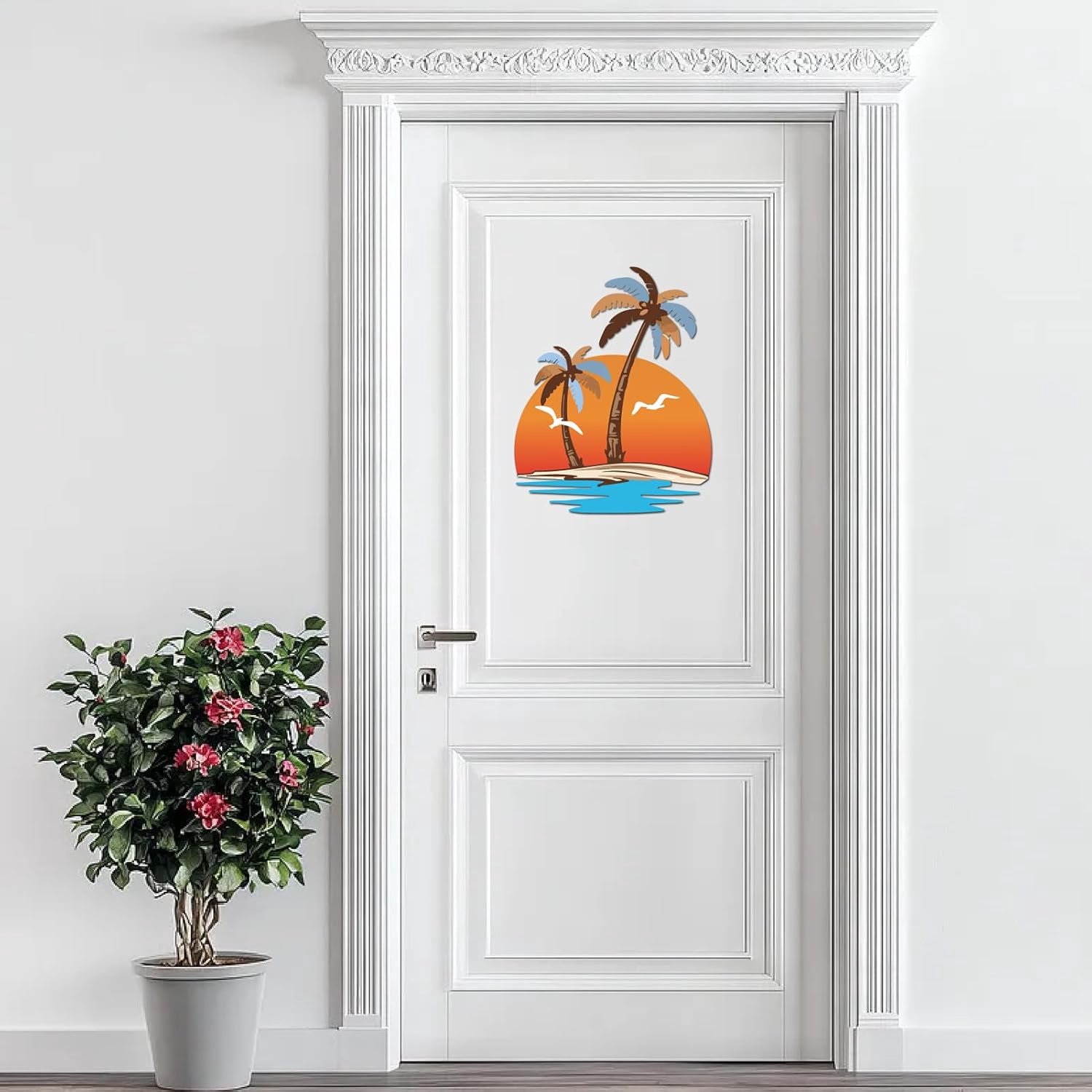CREATCABIN Palm Tree Metal Wall Decoration Beach Metal Wall Art Vibrant Colorful Coconut Bird Rustic Iron Hanging Ornament Sculpture Sign for Porch Li