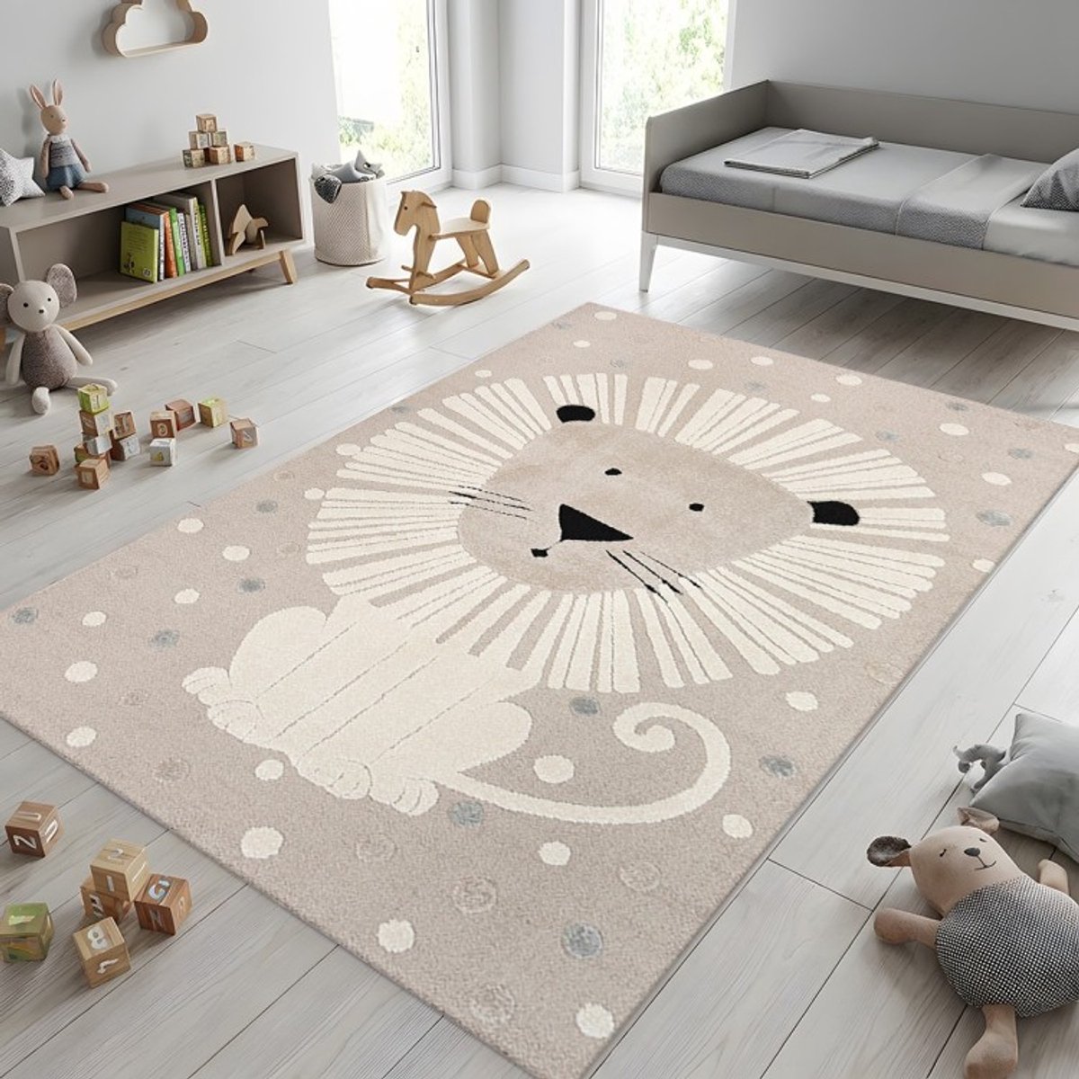 TapisTrend Kinderkleed Beige 140x200 cm met grote leeuw en reliëf stippenpatroon voor slaapkamer en speelruimte
