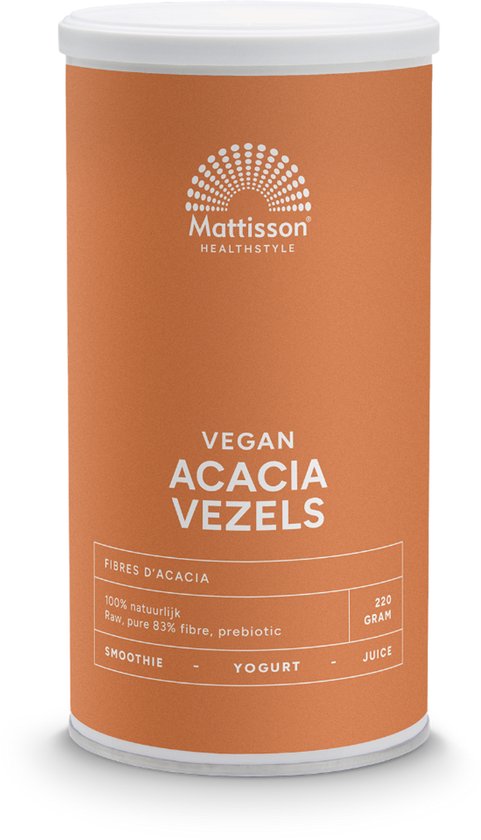 Oranje blik Mattisson 'Vegan Acacia Vezels' met witte letters en logo op witte achtergrond.