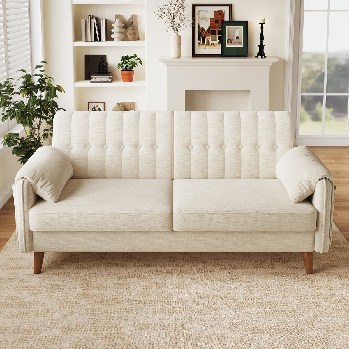HAUSS SPOLE Zitbank - 2-Zitsbank Met Getufte Rugleuning En Zijvakken - Compact Voor Woonkamer, Slaapkamer En Kantoor - Chenille Beige