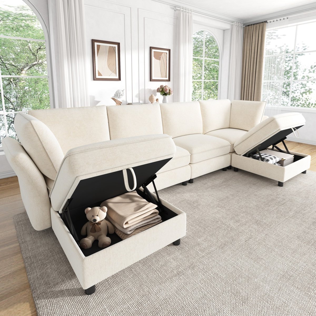 REDOM U-bank - 6 zitplaatsen - Modulair U- en L-vormig ontwerp - Twee opberghockers - Chenille - Beige - 289 x 137 x 84 cm