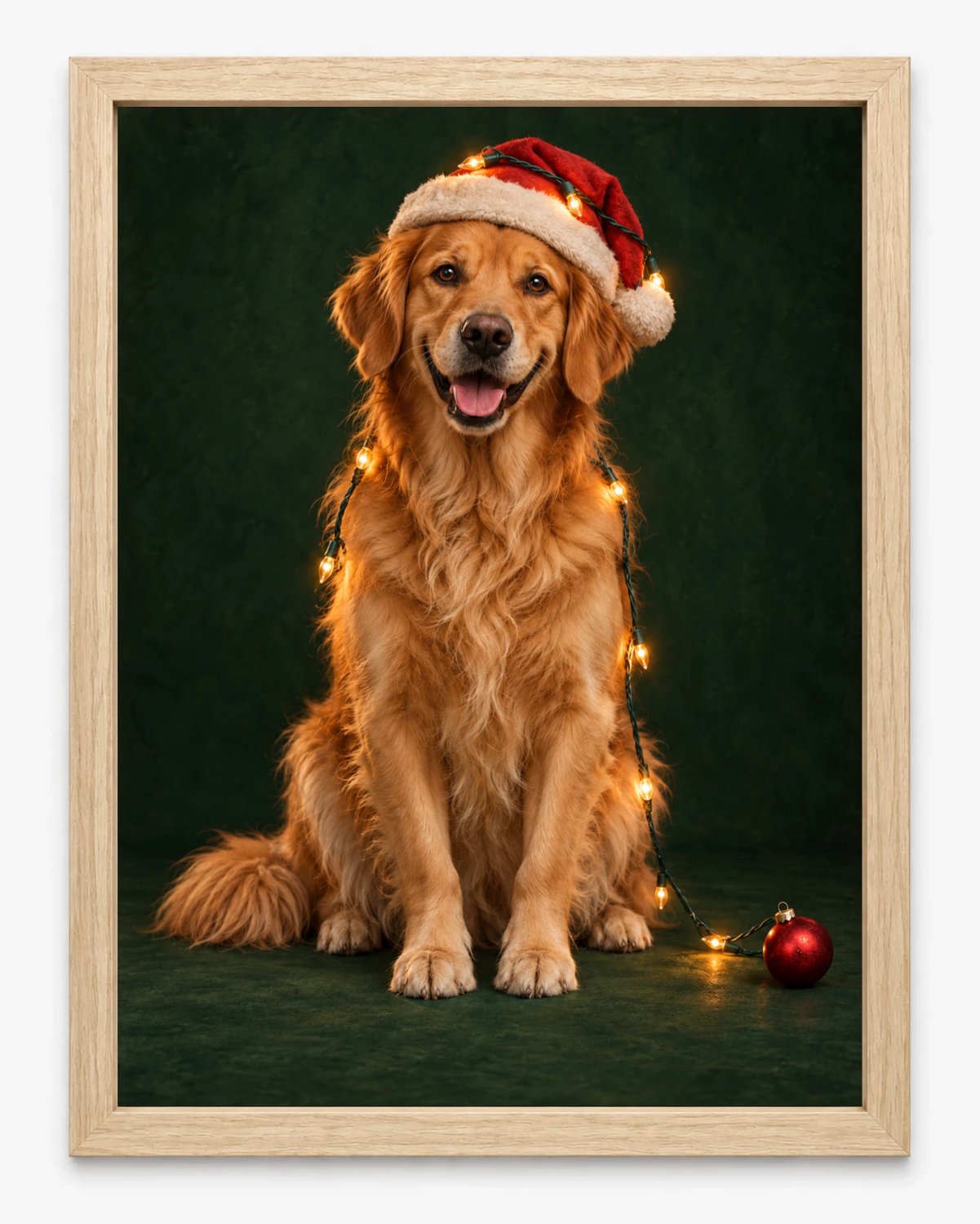 Joshimo Golden Retriever Kerstposter | Kerstmuts en Lampjes | Inclusief Lichtbruine A3 Lijst
