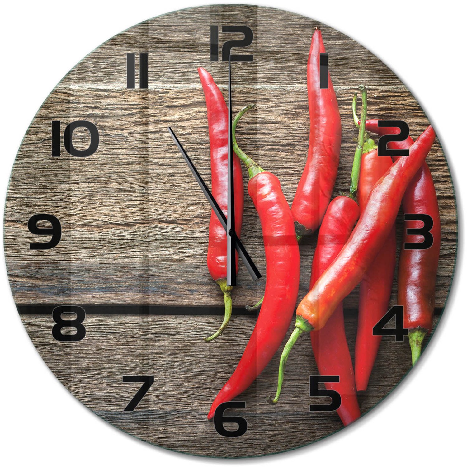 TULUP Wandklok - Chilipepers Gekleurde Glazen Klok - fi60 cm - Rood Glazen Klok Met Print - Zwarte handen - Ronde Klok - Moderne Wandklok Glas - Wandklok Glas Decoratie