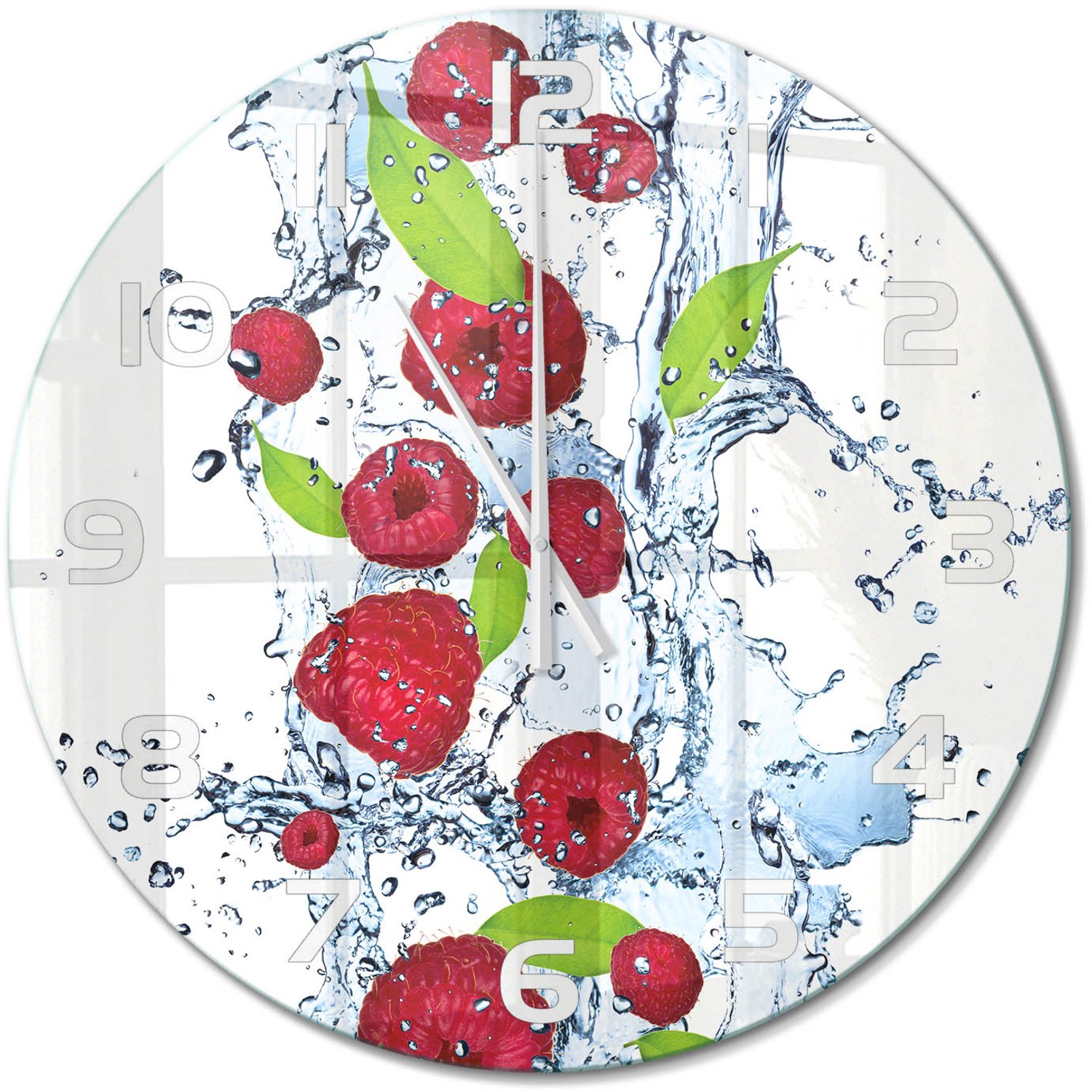 TULUP Wandklok - Frambozen en water Moderne Wandklok Glas - fi60 cm - Rood Wandklok Glas Decoratie - Witte handen - Ronde Klok - Glazen Wandklok Design - Klok Glas Met Opdruk