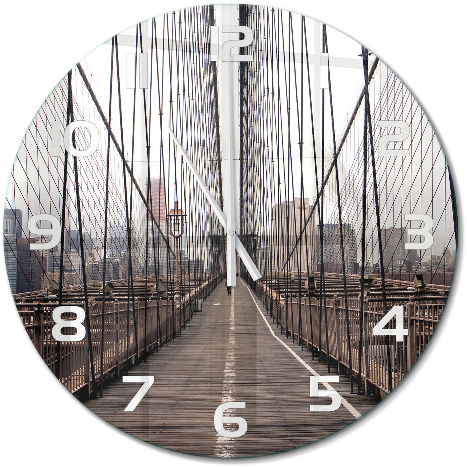 TULUP Wandklok - Brooklynbrug Decoratieve Glazen Klok - fi60 cm - Bruin Glazen Wandklok Design - Witte handen - Ronde Klok - Glazen Klok Met Print - Wandklok Glas Met Motief