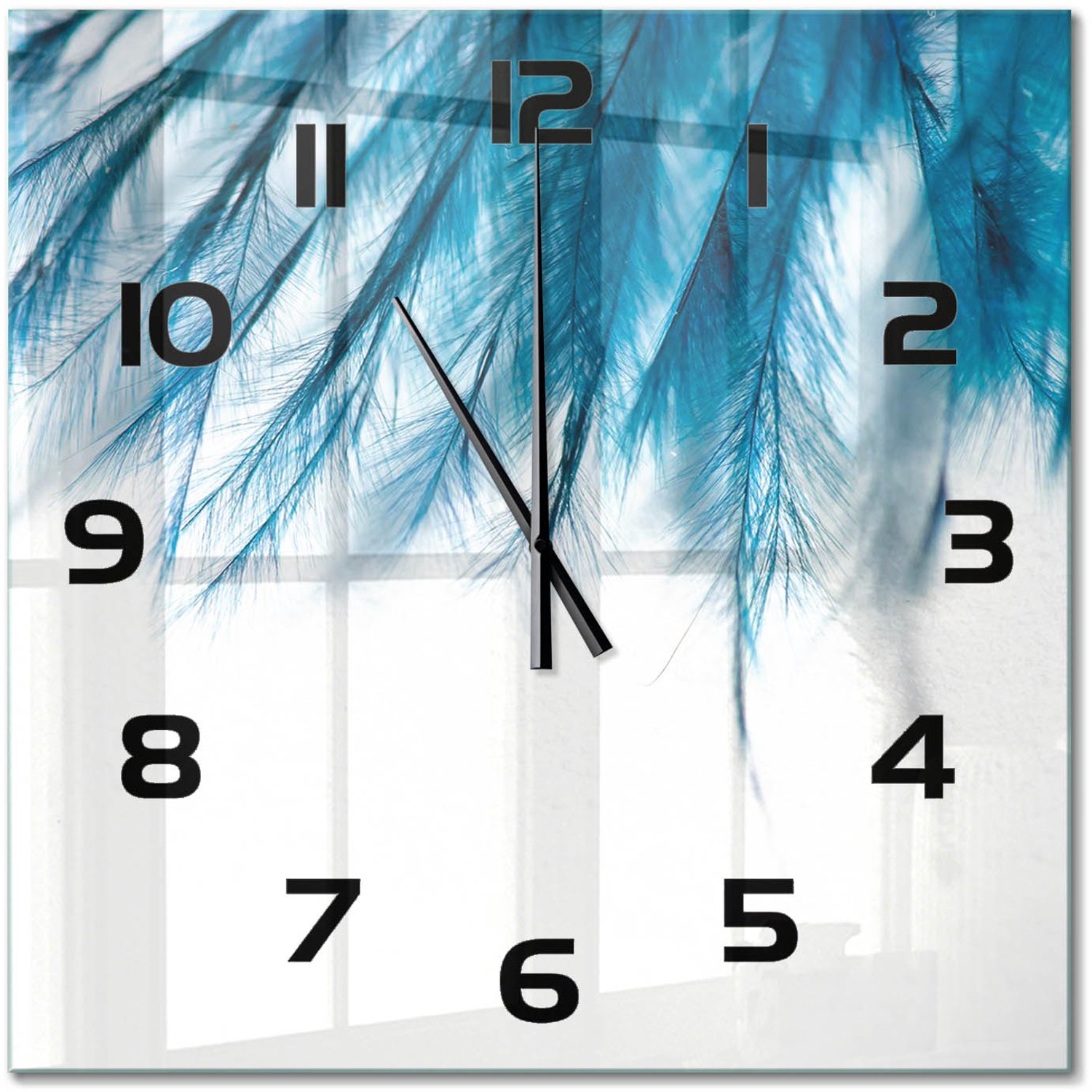 TULUP Wandklok - Blauwe veren Wandklok Glas Decoratie - 60x60 cm - Blauw Gekleurde Glazen Klok - Zwarte handen - Vierkante Klok - Klok Glas Met Opdruk - Moderne Wandklok Glas