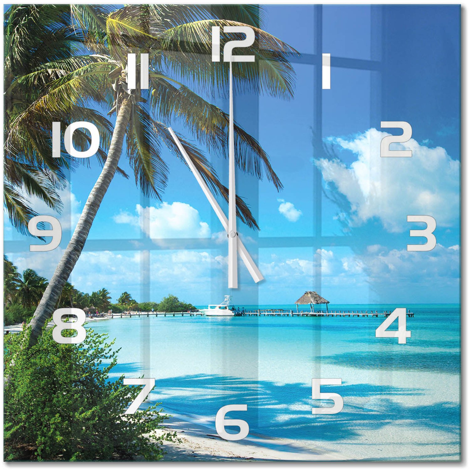 TULUP Wandklok - Tropisch strand Moderne Wandklok Glas - 60x60 cm - Blauw Wandklok Glas Decoratie - Witte handen - Vierkante Klok - Glazen Wandklok Design - Klok Glas Met Opdruk
