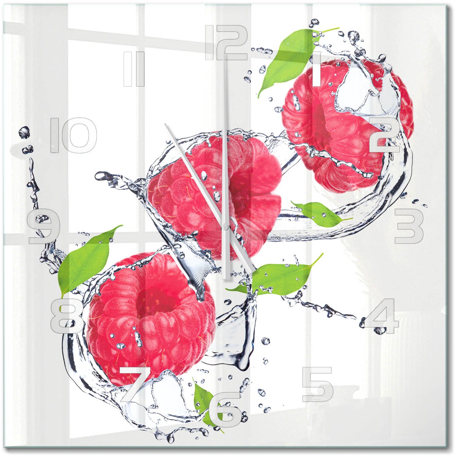 TULUP Wandklok - Framboos en water Gekleurde Glazen Klok - 60x60 cm - Roze Glazen Klok Met Print - Witte handen - Vierkante Klok - Moderne Wandklok Glas - Wandklok Glas Decoratie