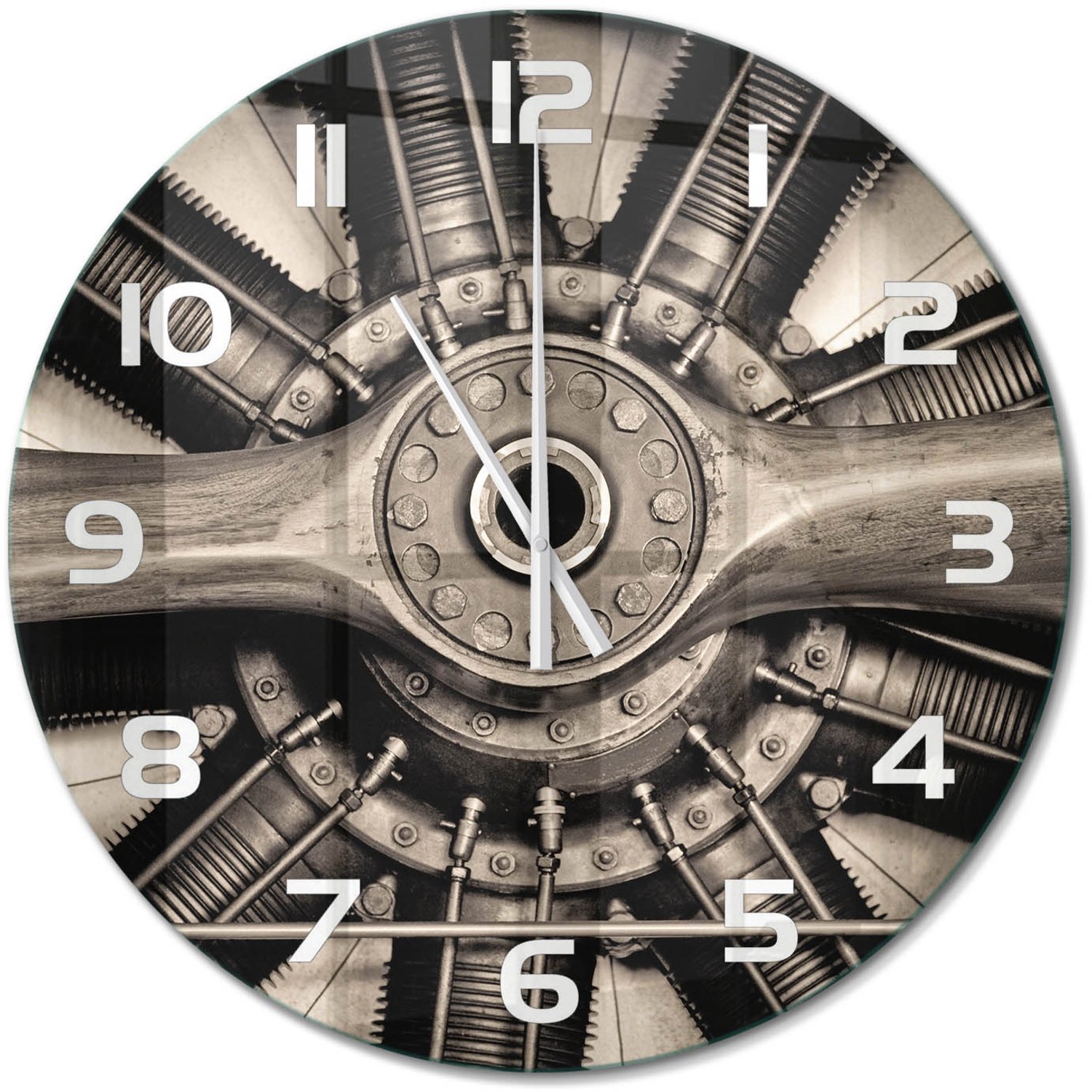 TULUP Wandklok - Vliegtuigmotor Gekleurde Glazen Klok - fi60 cm - Zilver Glazen Klok Met Print - Witte handen - Ronde Klok - Moderne Wandklok Glas - Wandklok Glas Decoratie