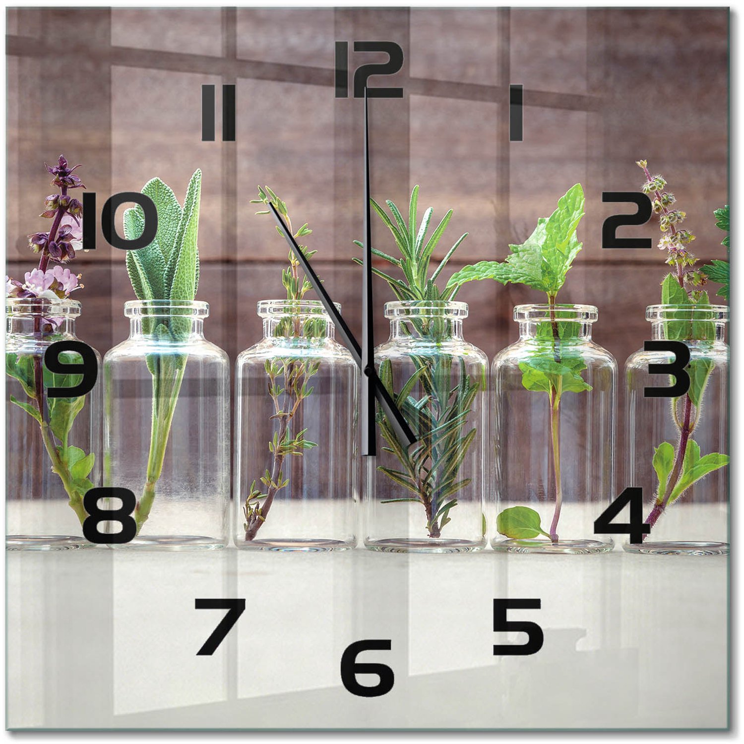 TULUP Wandklok - Planten in glazen Wandklok Glas Decoratie - 60x60 cm - Groente Gekleurde Glazen Klok - Zwarte handen - Vierkante Klok - Klok Glas Met Opdruk - Moderne Wandklok Glas