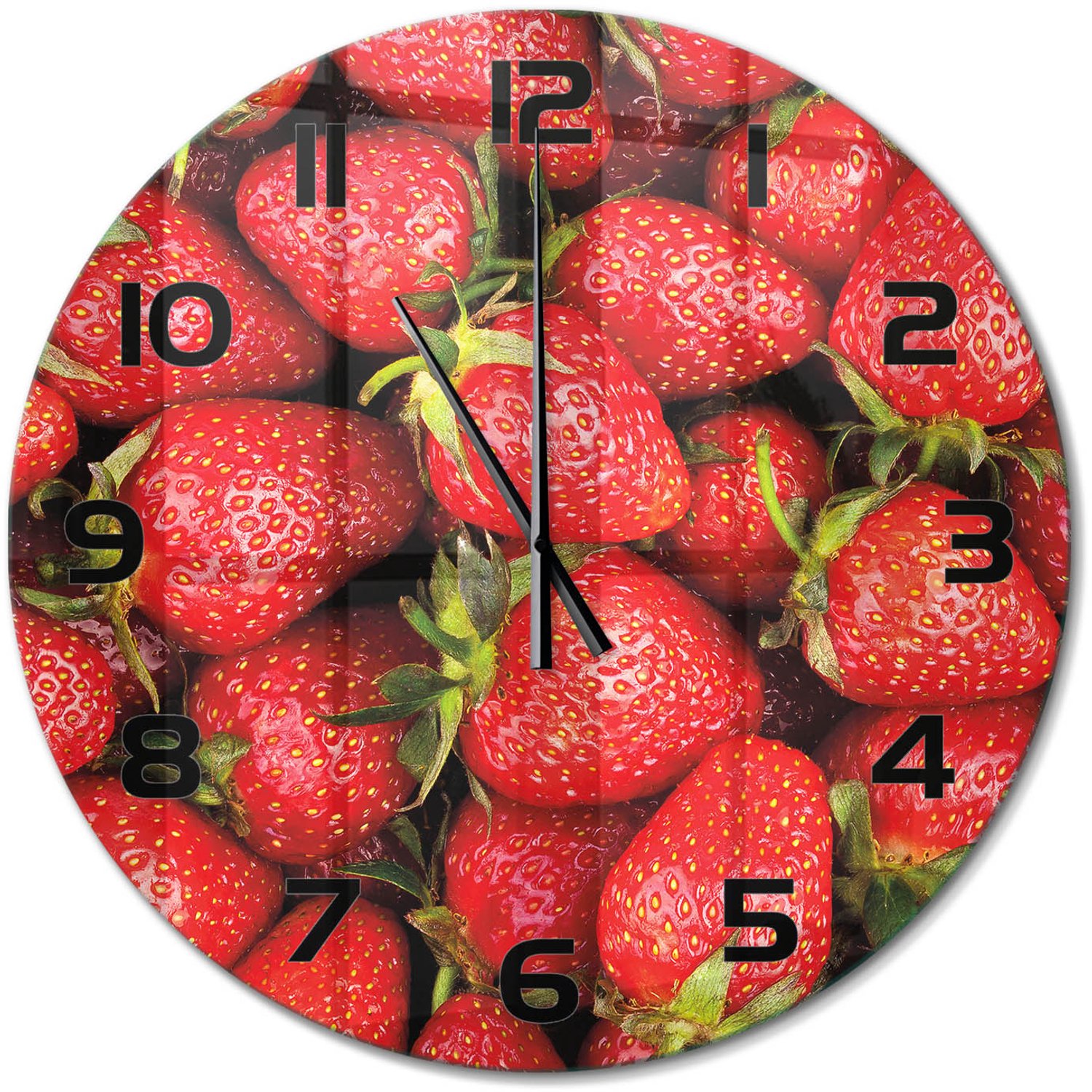 TULUP Wandklok - Aardbeien Decoratieve Glazen Klok - fi60 cm - Rood Glazen Wandklok Design - Zwarte handen - Ronde Klok - Glazen Klok Met Print - Wandklok Glas Met Motief