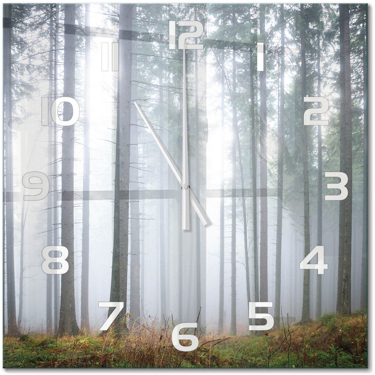 TULUP Wandklok - Mist in het bos Klok Glas Met Opdruk - 60x60 cm - Grijs Moderne Wandklok Glas - Witte handen - Vierkante Klok - Decoratieve Glazen Klok - Glazen Wandklok Design