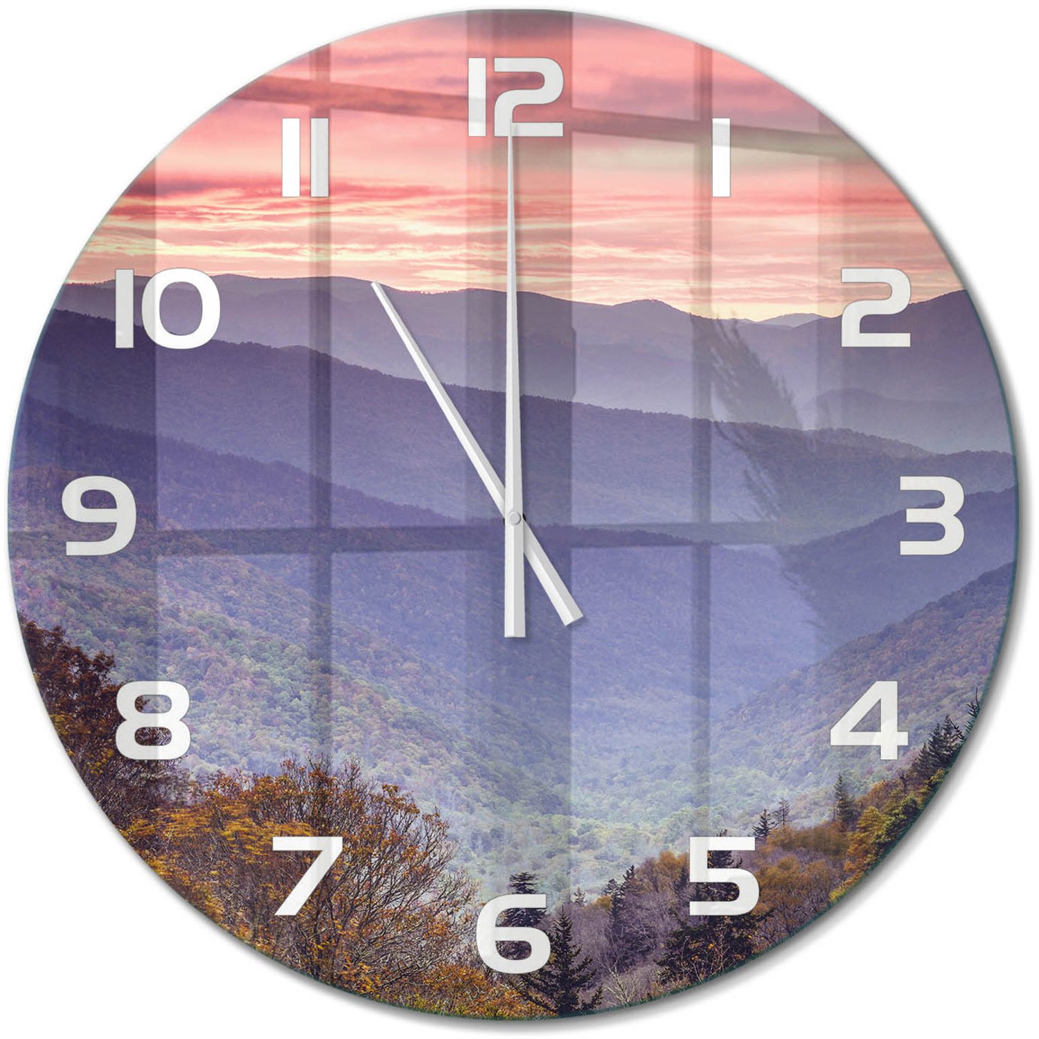TULUP Wandklok - Bergen bij zonsondergang Wandklok Glas Decoratie - fi60 cm - Oranje Gekleurde Glazen Klok - Witte handen - Ronde Klok - Klok Glas Met Opdruk - Moderne Wandklok Glas