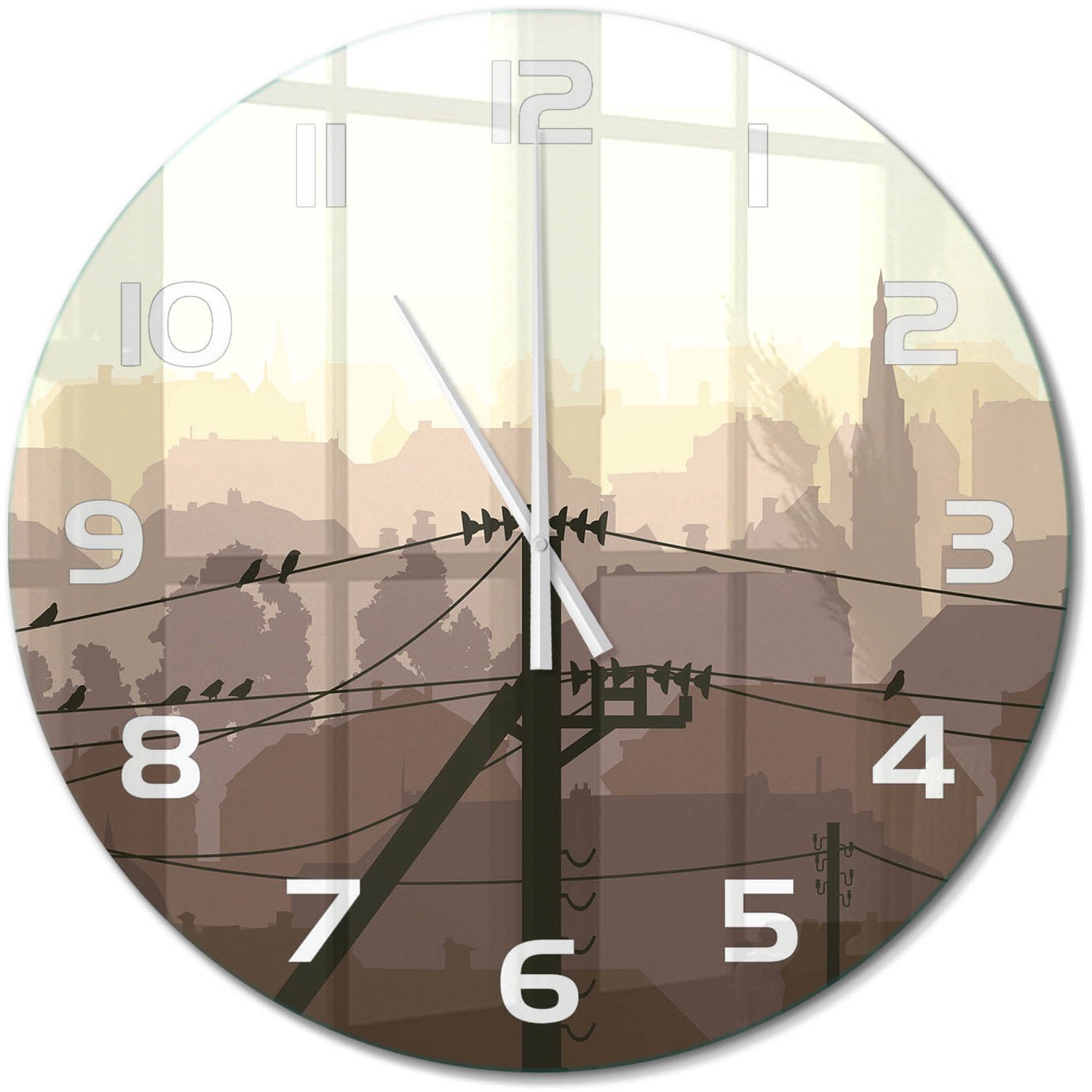 TULUP Wandklok - Stadsstroomleiding Wandklok Glas Decoratie - fi60 cm - Bruin Gekleurde Glazen Klok - Witte handen - Ronde Klok - Klok Glas Met Opdruk - Moderne Wandklok Glas