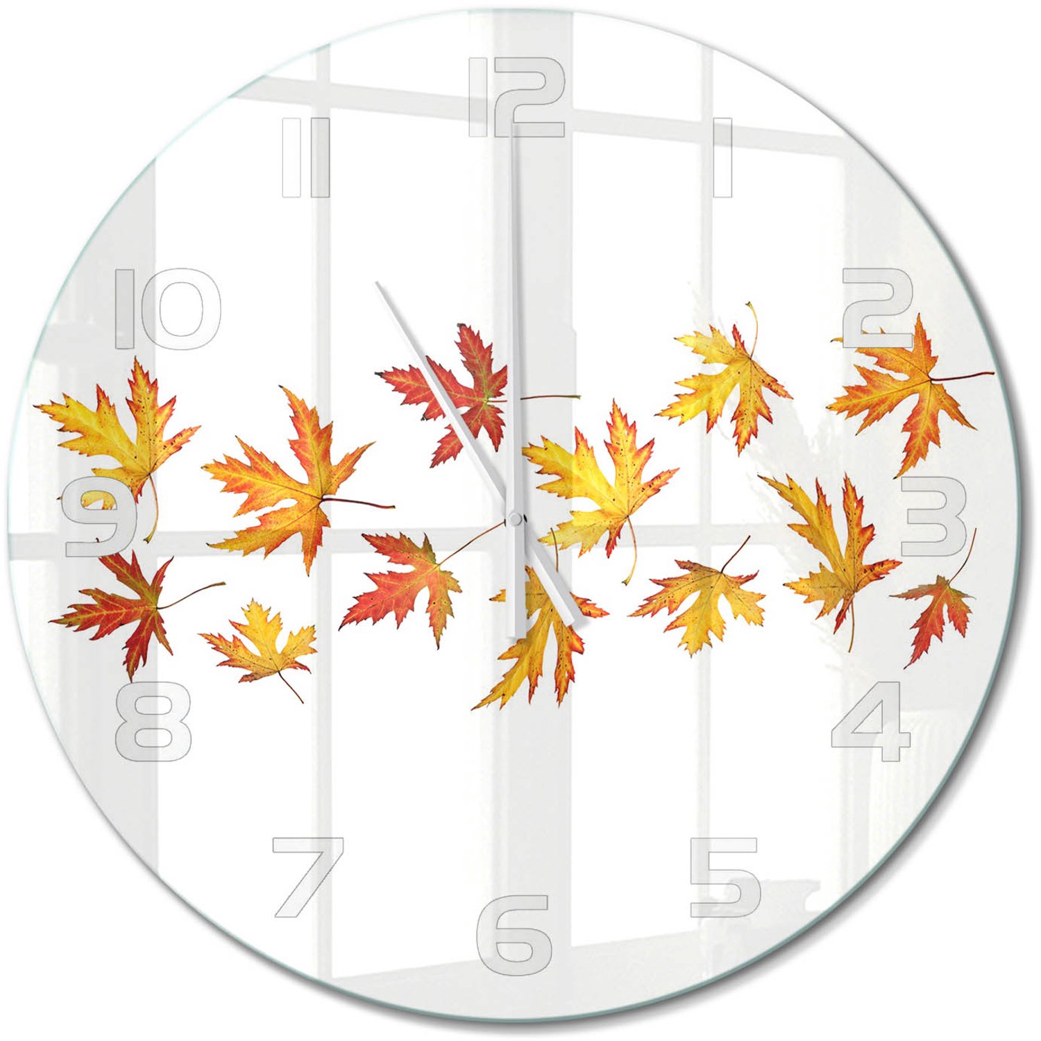 TULUP Wandklok - Herfstbladeren Klok Glas Met Opdruk - fi60 cm - Geel Moderne Wandklok Glas - Witte handen - Ronde Klok - Decoratieve Glazen Klok - Glazen Wandklok Design