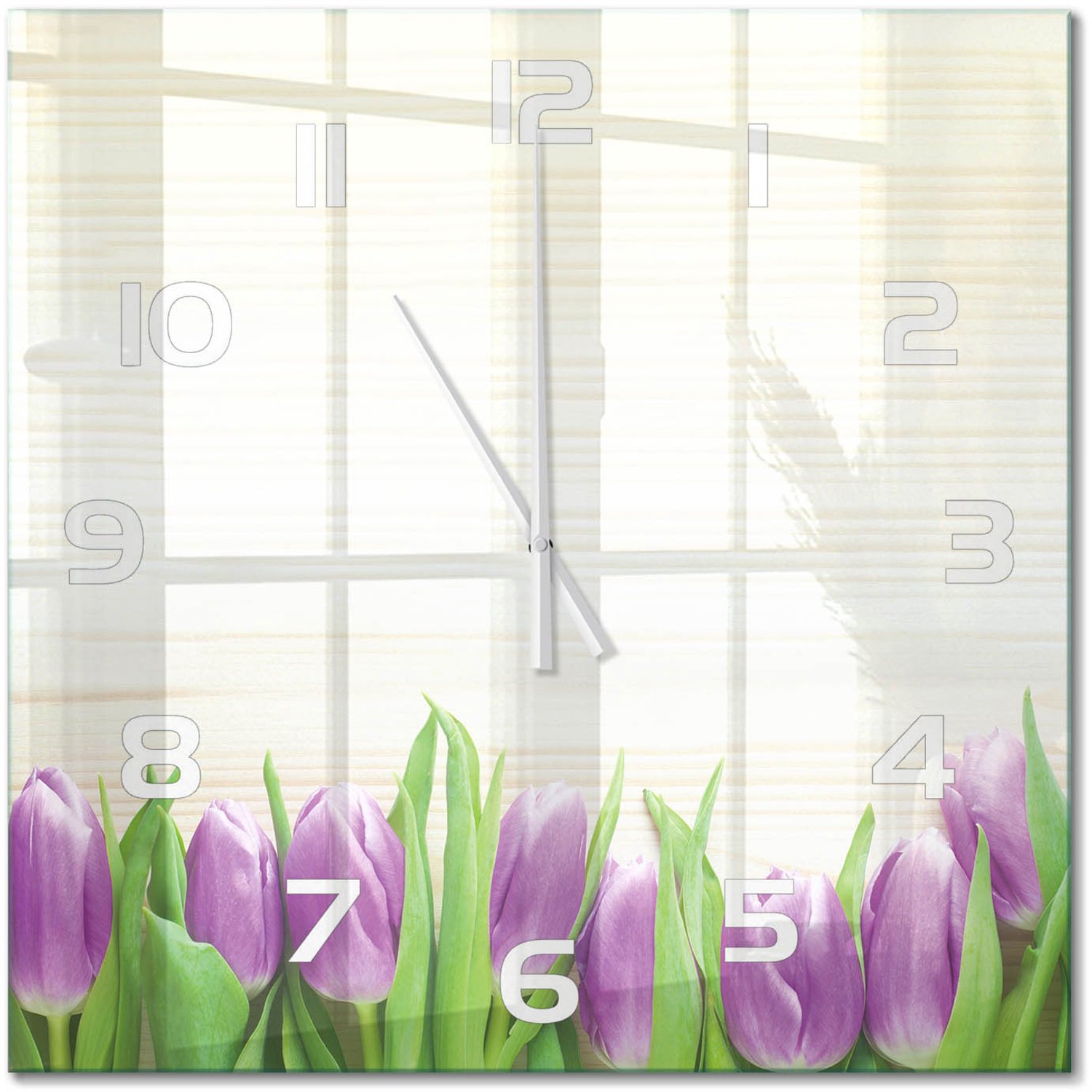 TULUP Wandklok - Paarse tulpen Wandklok Glas Decoratie - 60x60 cm - Paars Gekleurde Glazen Klok - Witte handen - Vierkante Klok - Klok Glas Met Opdruk - Moderne Wandklok Glas