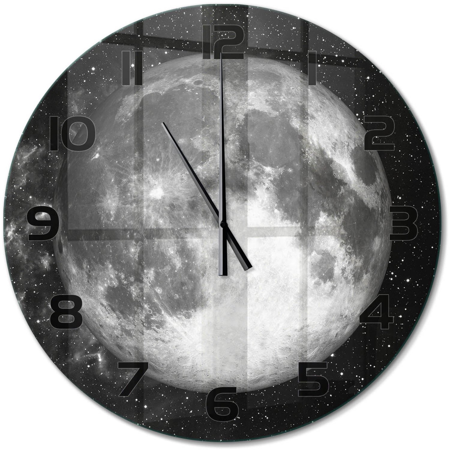 TULUP Wandklok - Maan Decoratieve Glazen Klok - fi60 cm - Zwart-wit Glazen Wandklok Design - Zwarte handen - Ronde Klok - Glazen Klok Met Print - Wandklok Glas Met Motief