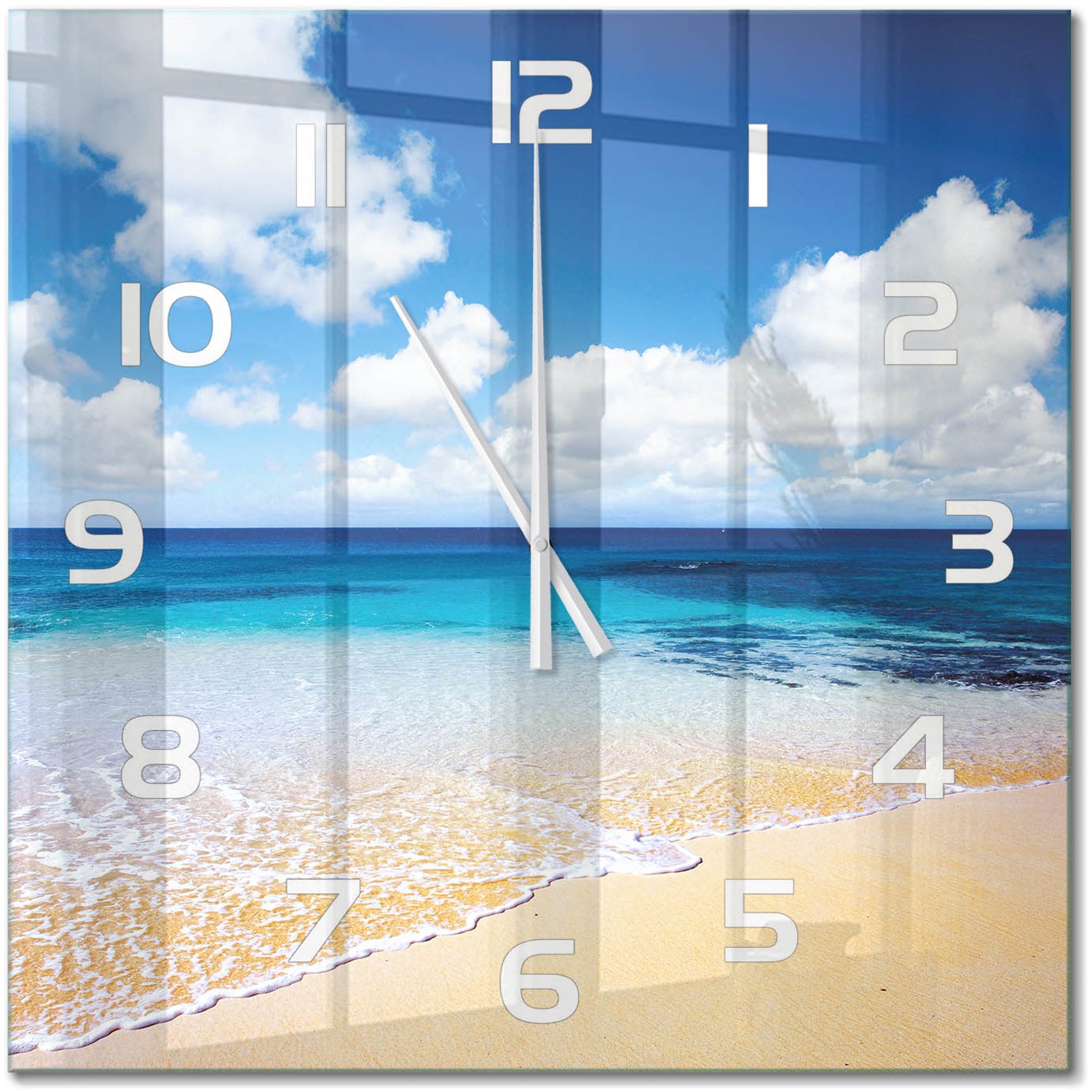 TULUP Wandklok - Kalme zee Decoratieve Glazen Klok - 60x60 cm - Blauw Glazen Wandklok Design - Witte handen - Vierkante Klok - Glazen Klok Met Print - Wandklok Glas Met Motief