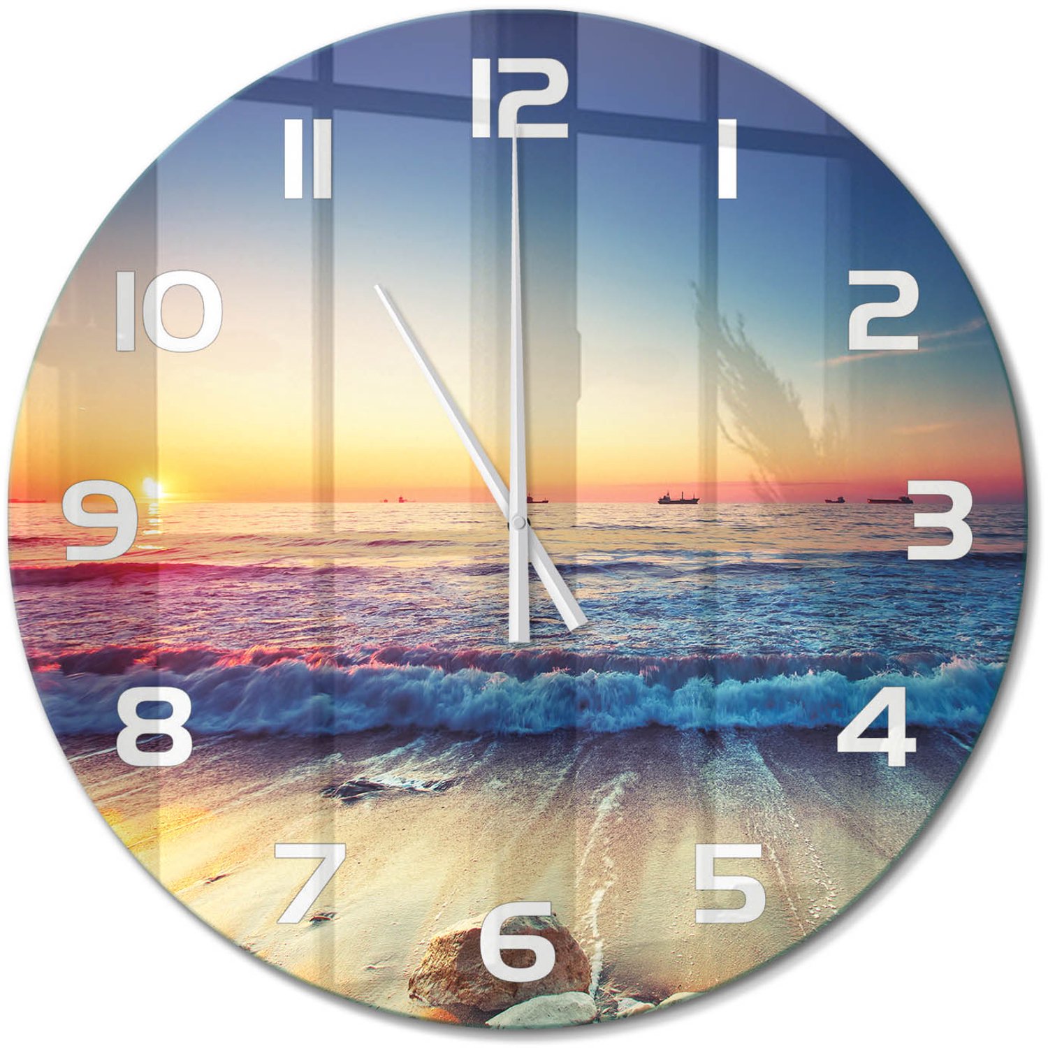 TULUP Wandklok - Zonsopgang boven de zee Decoratieve Glazen Klok - fi60 cm - Oranje Glazen Wandklok Design - Witte handen - Ronde Klok - Glazen Klok Met Print - Wandklok Glas Met Motief