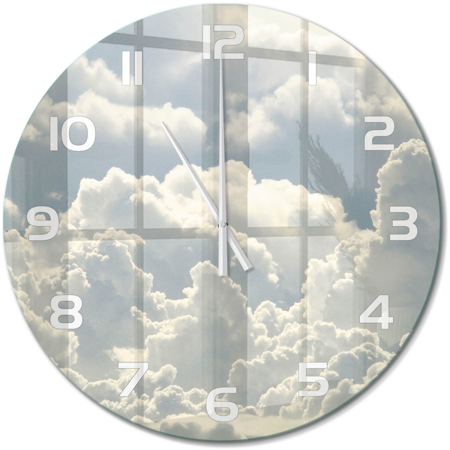 TULUP Wandklok - Wolken Glazen Wandklok Design - fi60 cm - Wit Klok Glas Met Opdruk - Witte handen - Ronde Klok - Wandklok Glas Met Motief - Decoratieve Glazen Klok