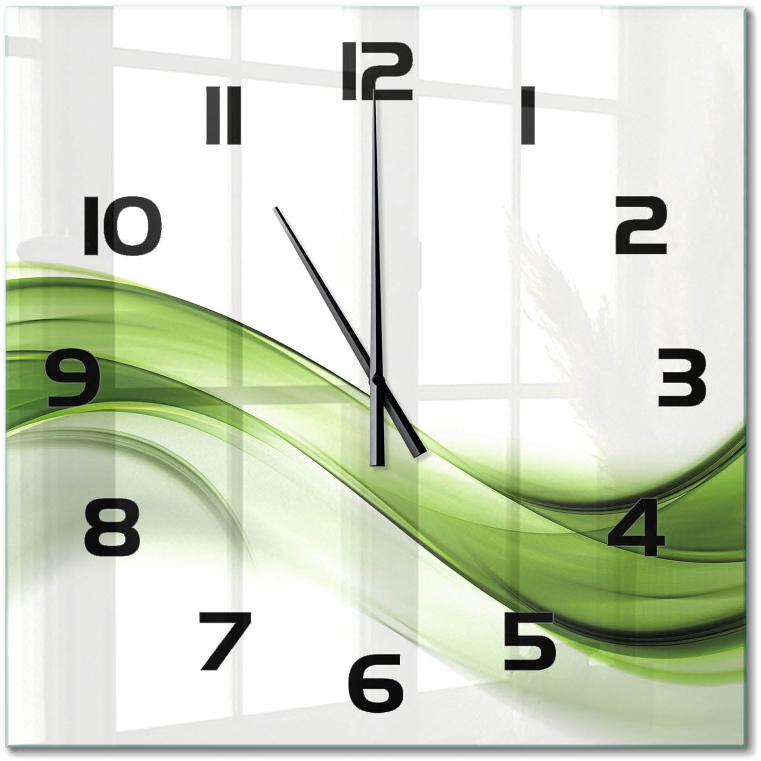 TULUP Wandklok - Groene golf Klok Glas Met Opdruk - 60x60 cm - Groente Moderne Wandklok Glas - Zwarte handen - Vierkante Klok - Decoratieve Glazen Klok - Glazen Wandklok Design