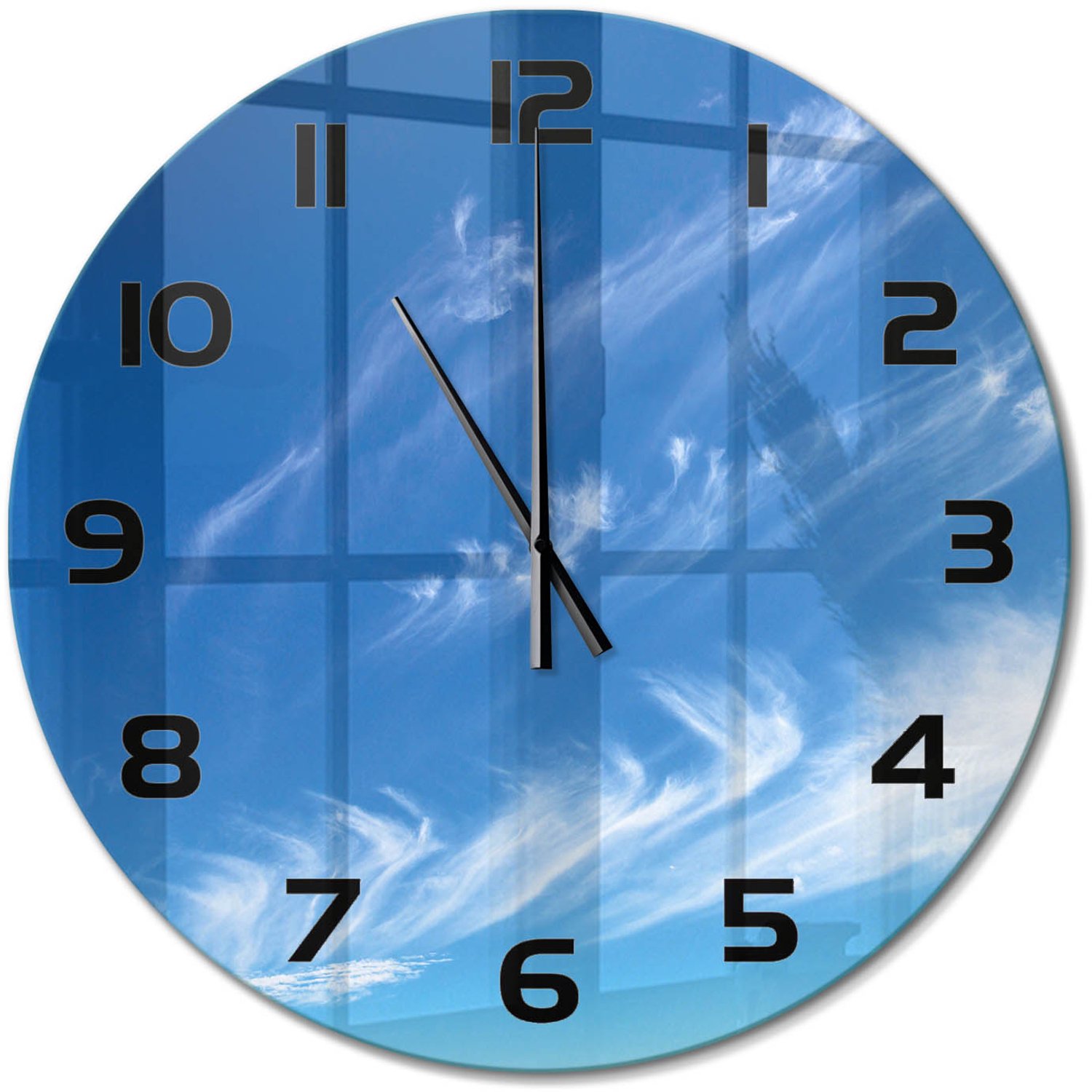 TULUP Wandklok - Blauwe lucht Moderne Wandklok Glas - fi60 cm - Blauw Wandklok Glas Decoratie - Zwarte handen - Ronde Klok - Glazen Wandklok Design - Klok Glas Met Opdruk
