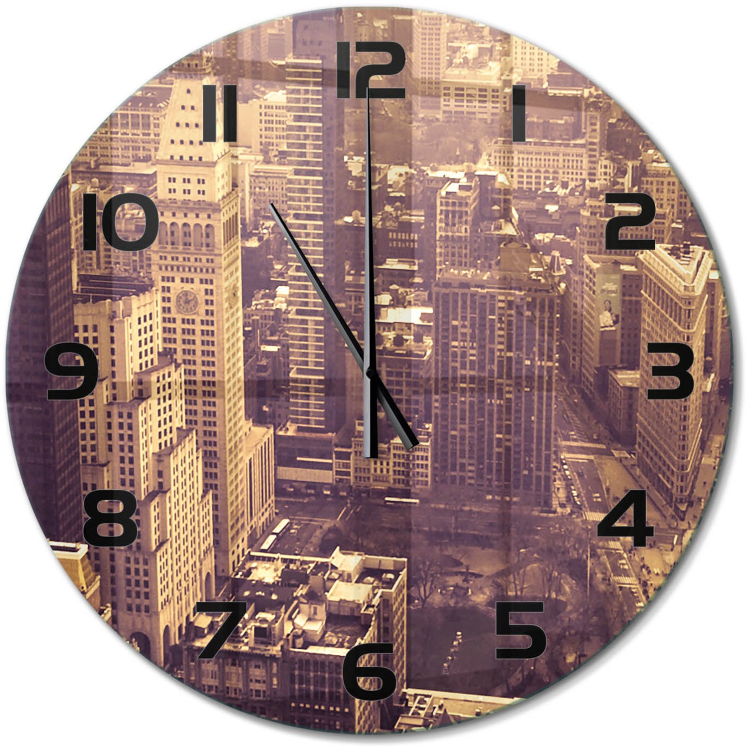 TULUP Wandklok - Manhattan, New York Glazen Klok Met Print - fi60 cm - Geel Wandklok Glas Met Motief - Zwarte handen - Ronde Klok - Wandklok Glas Decoratie - Gekleurde Glazen Klok