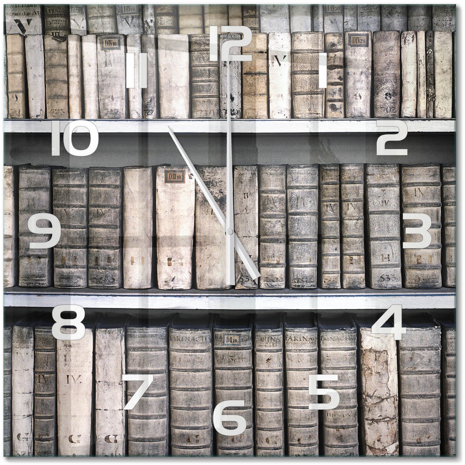 TULUP Wandklok - Boekenplank Glazen Klok Met Print - 60x60 cm - Beige Wandklok Glas Met Motief - Witte handen - Vierkante Klok - Wandklok Glas Decoratie - Gekleurde Glazen Klok
