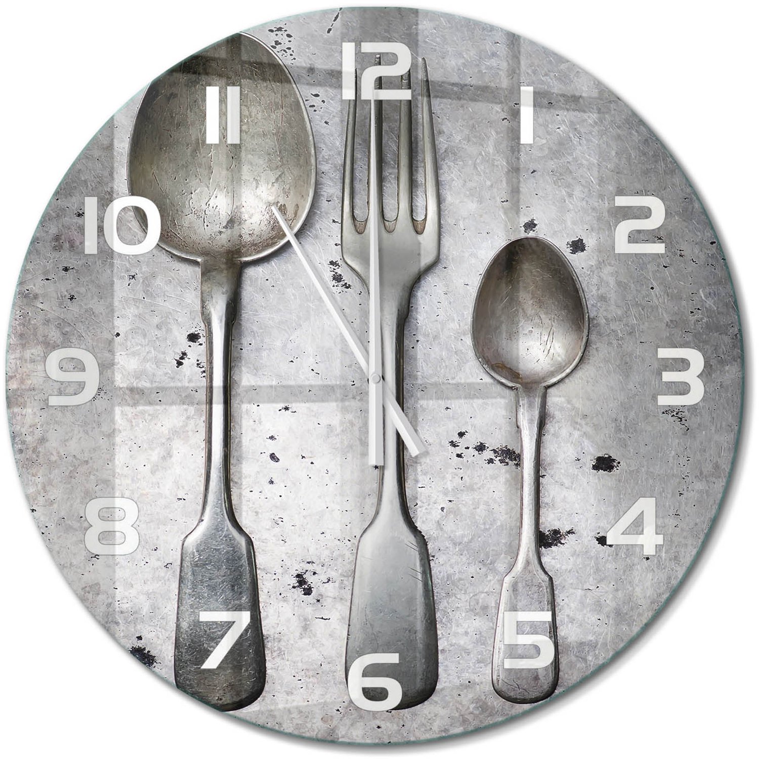 TULUP Wandklok - Bestek Decoratieve Glazen Klok - fi60 cm - Zilver Glazen Wandklok Design - Witte handen - Ronde Klok - Glazen Klok Met Print - Wandklok Glas Met Motief