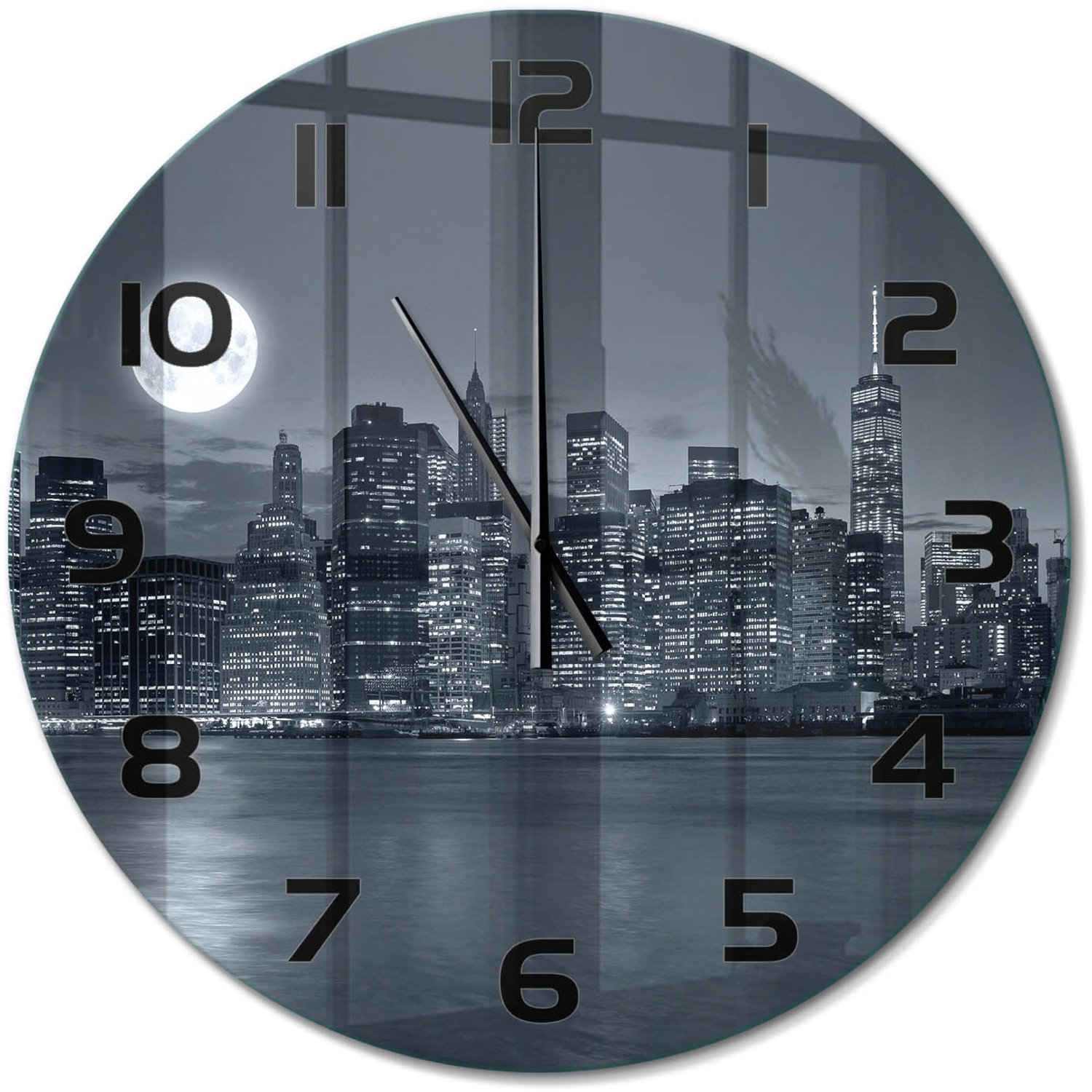 TULUP Wandklok - New York 's nachts Glazen Wandklok Design - fi60 cm - Zwart-wit Klok Glas Met Opdruk - Zwarte handen - Ronde Klok - Wandklok Glas Met Motief - Decoratieve Glazen Klok