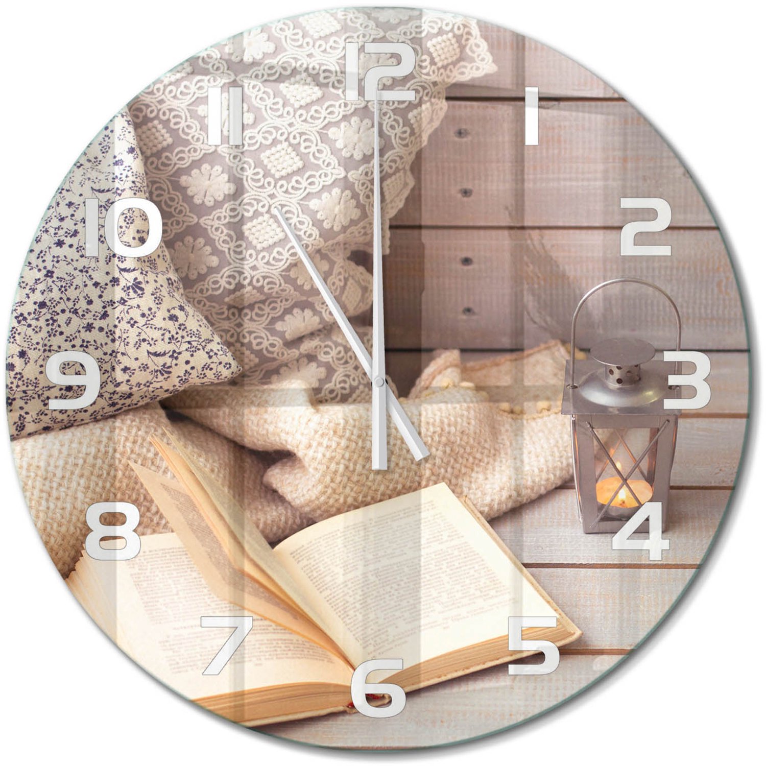 TULUP Wandklok - Ontspan met een boek. Decoratieve Glazen Klok - fi60 cm - Beige Glazen Wandklok Design - Witte handen - Ronde Klok - Glazen Klok Met Print - Wandklok Glas Met Motief