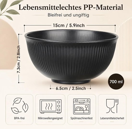 6x Onbreekbare plastic ontbijtschalen, voor soep, pasta, rijst, salade — afbeelding 2