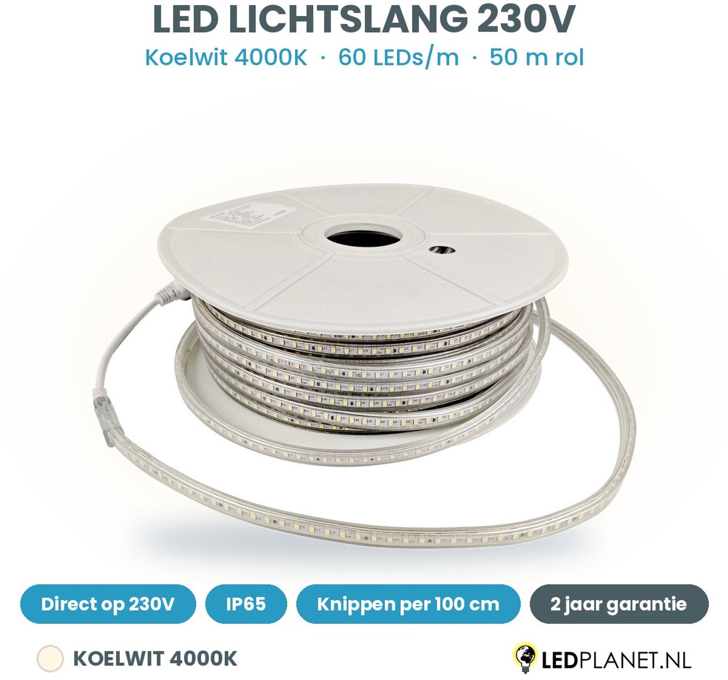 Tsong LED Lichtslang 230V - Koelwit 4000K - 60 LEDs/m - 4W/m - 400lm/m - IP65 - 6mm - 50m rol