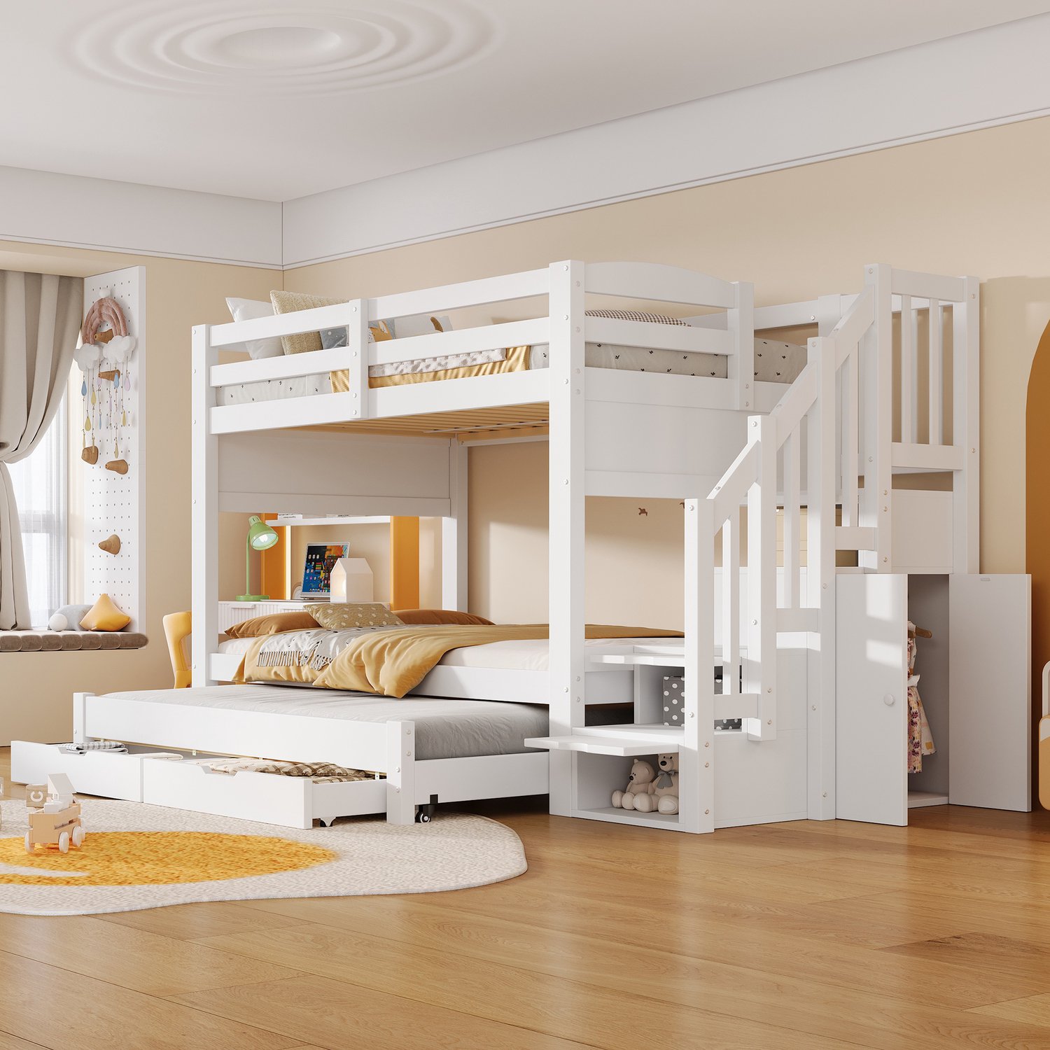 WUVRIE Stapelbed 90x200 cm - Uitschuifbed, 2 lades en opbergtrap - Wit