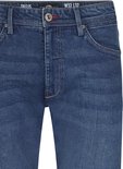 Blauwe tapered fit jeans met vintage wassing, 5 zakken, ritssluiting en merklabel 'Tallis W32 L32' aan de binnenzijde.