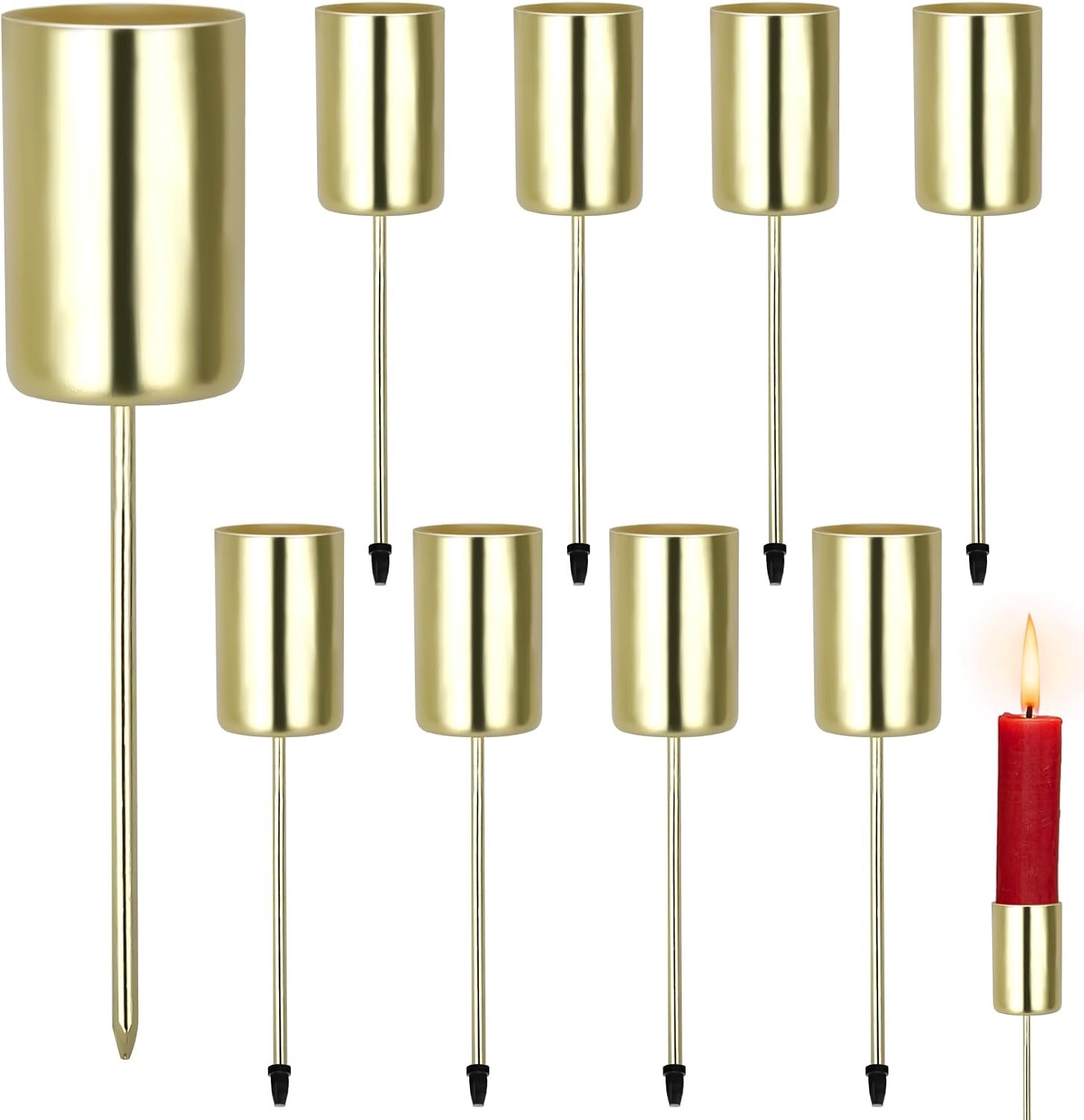 Set van 8 adventskranskaarsenhouders met een diameter van 2,5 cm, metalen taps toelopende kaarsenhouders met pin voor het zelf maken van een adventskrans. Kerstversiering,goud