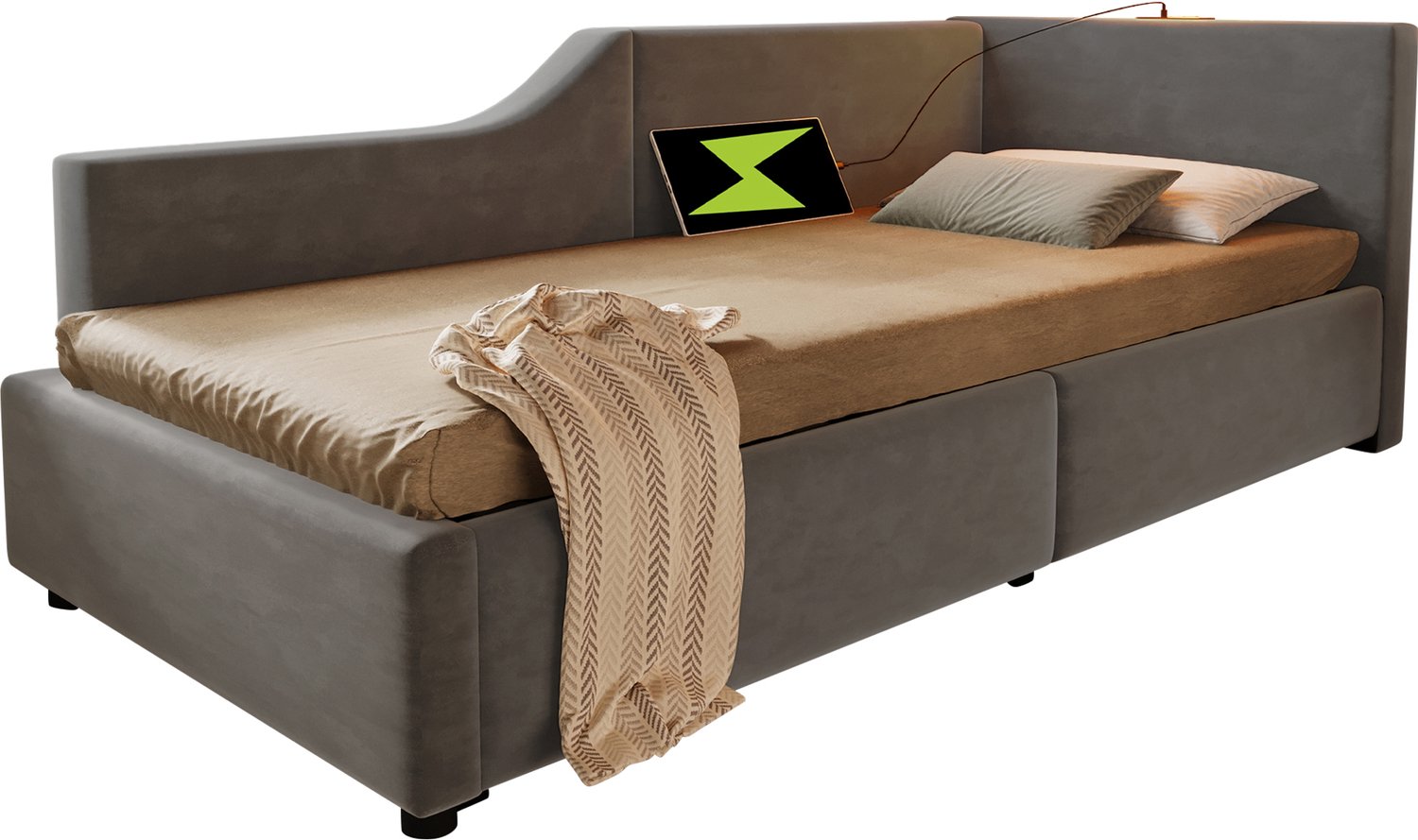 Welltin Bedbank 90x190 cm - Grijze fluwelen bedbank - Opbergruimte - Leeslamp en USB-C - Voor slaapkamer of logeerkamer - 203 x 98 x 70,5 cm Grijs
