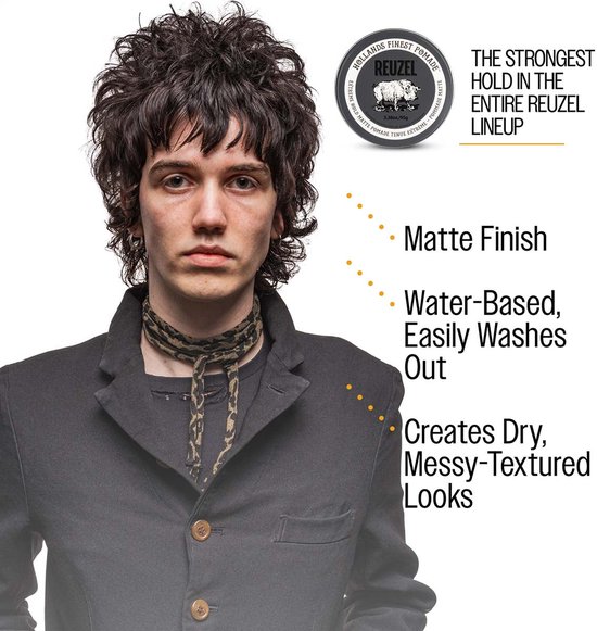 Jonge man met warrig donker haar, toont voordelen: Matte Finish, Water-Based, Dry Messy-Textured Looks.