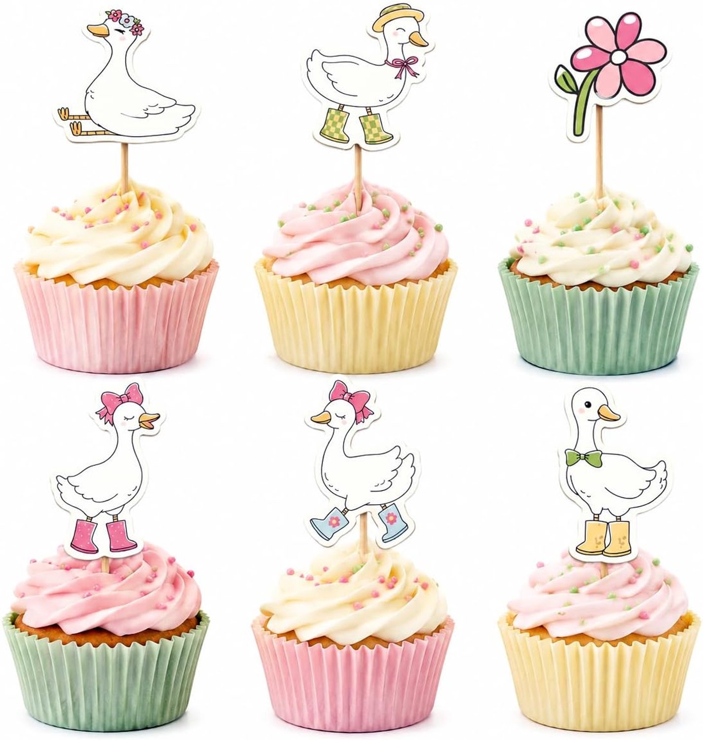 24 Cupcake-toppers met eendjes, bloemen en ganzen