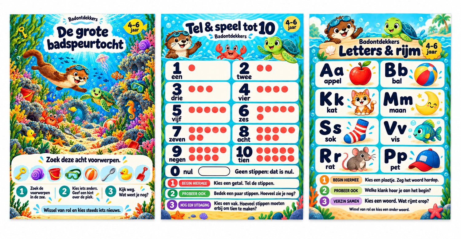 Badontdekkers educatieve Badposter set van 3 - Zoeken, tellen & vertellen – 4–6 jaar - A3 - Herplakbaar Multi colour