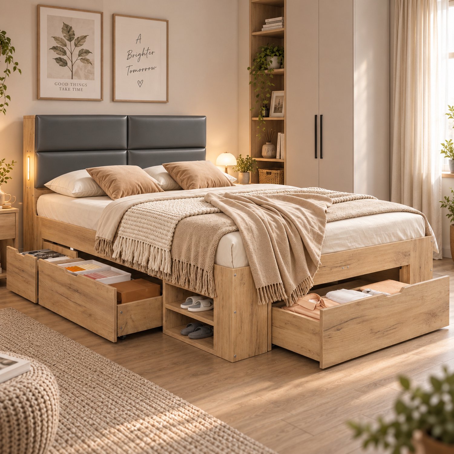 WUVRIE Bedframe 140x200 cm - Met lades, uitschuifbare vakken en USB/USB-C - Naturel