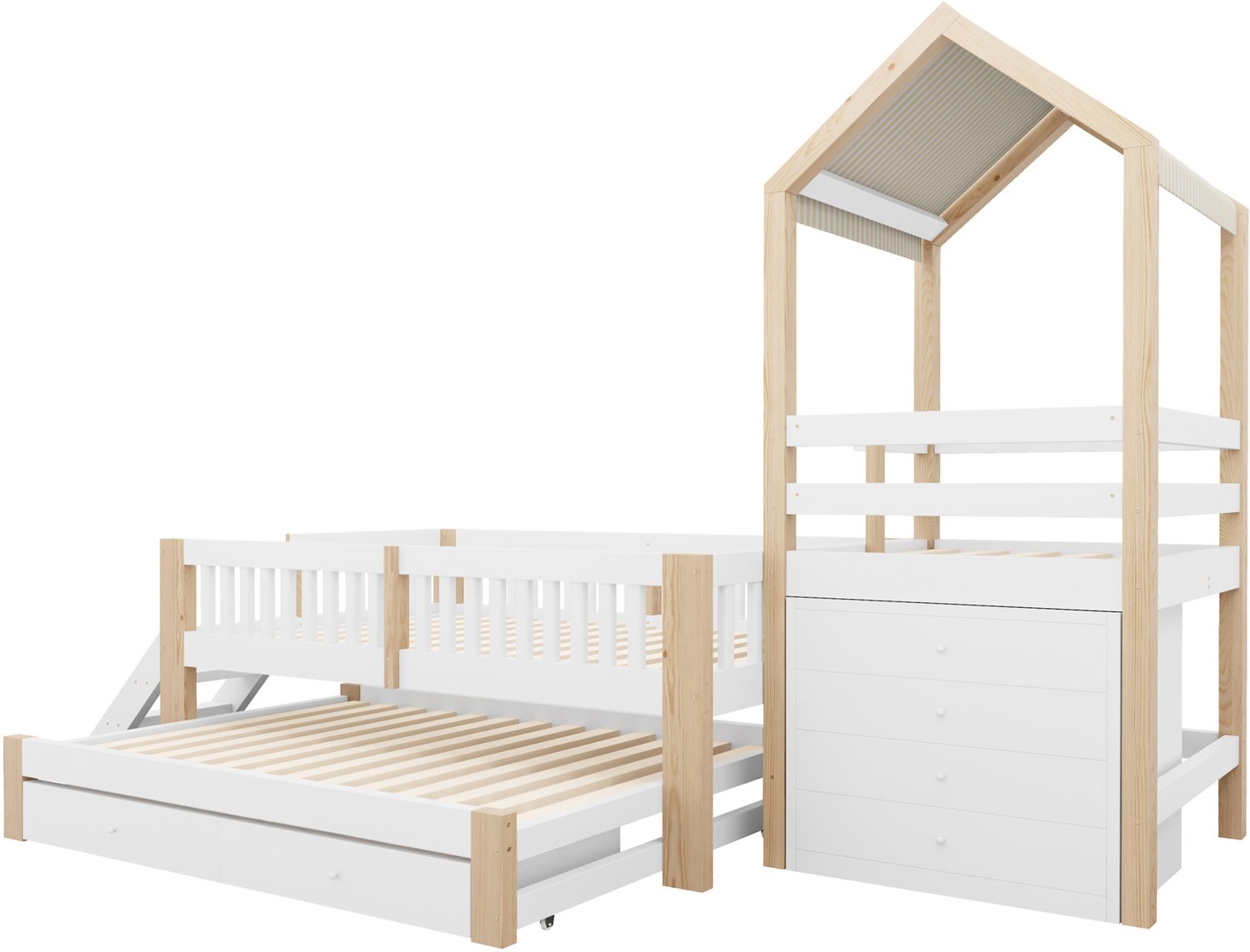 WUVRIE Stapelbed 90x200 cm - Uitschuifbed, trap en opbergruimte - Wit/naturel Wit en naturel houtkleur