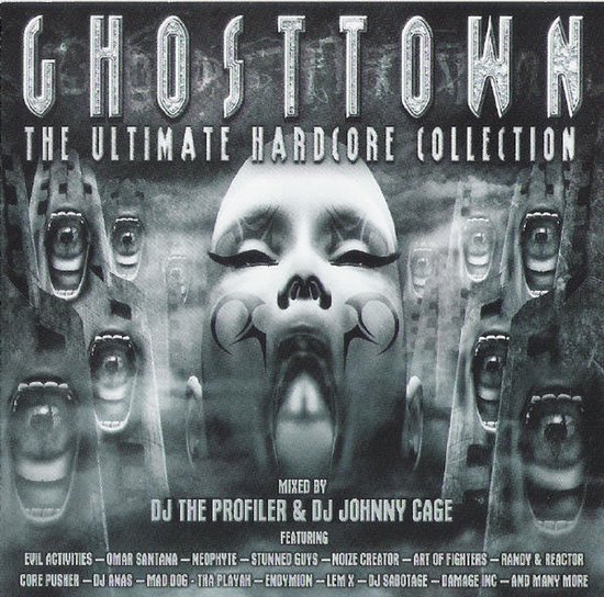 Zwart-wit albumhoes Ghosttown met een grotesk gezicht omringd door schreeuwende figuren in gebouwen.