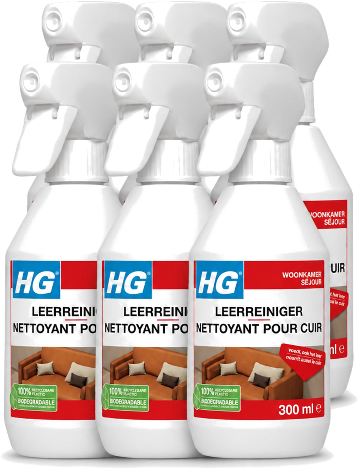 6 x HG - Leerreiniger Spray - Reinigt & Verzorgt - 300 ml - Voordeelverpakking - 6 stuks