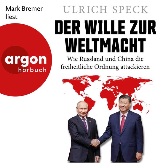 Luisterboekhoes met Vladimir Poetin en Xi Jinping die elkaar de hand schudden voor een rode wereldkaart.