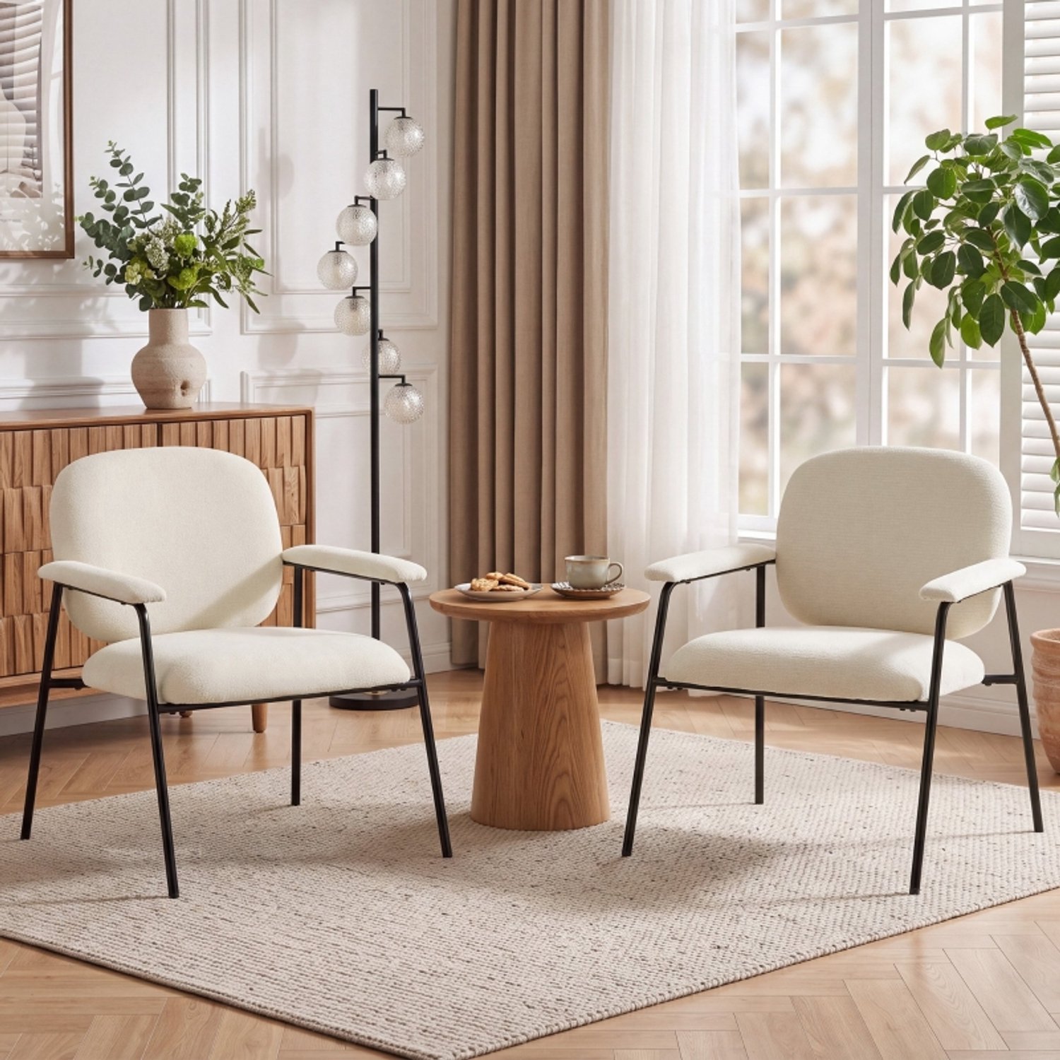 FloraGrace Fauteuil Set Van 2 64 Cm - Zachte Chenille Met Gewatteerde Armleuningen - Woonkamer Slaapkamer Kantoor - Metaal - Crème