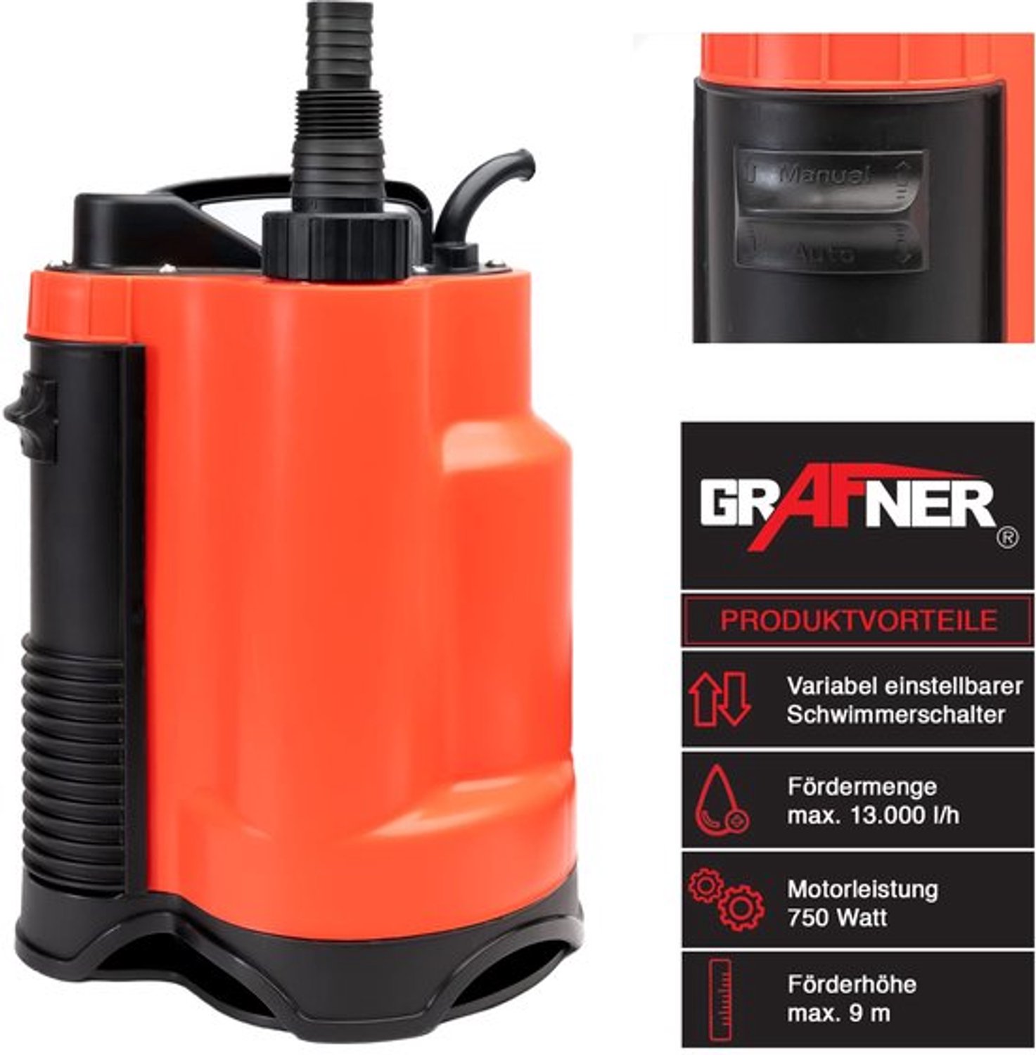 Drainage Dompelpomp, 750 watt tot 13000 l/u, met vlotterschakelaar, vlakzuigend tot 25 mm, Ø 16 mm vreemde voorwerpen, drainage, vuilwaterpomp, schacht, drukpomp, rood