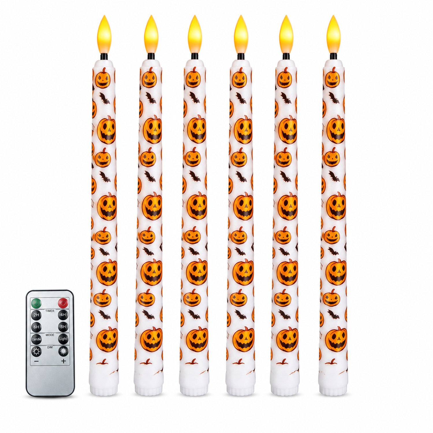 SWGOTA led kaarsen, 6 stuks met Halloween-pompoenprint en afstandsbediening, warm licht, 27 cm hoog, zonder batterijen Wit