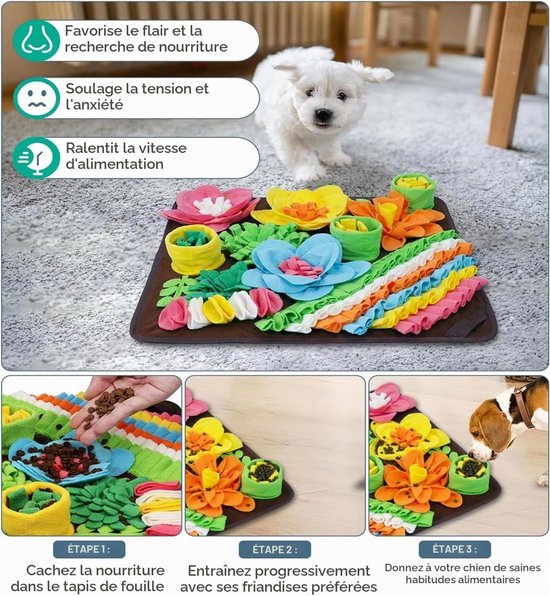 Kleurrijke snuffelmat met bloemmotieven en een puppy, toont stappen voor voedselzoeken om angst te verminderen.
